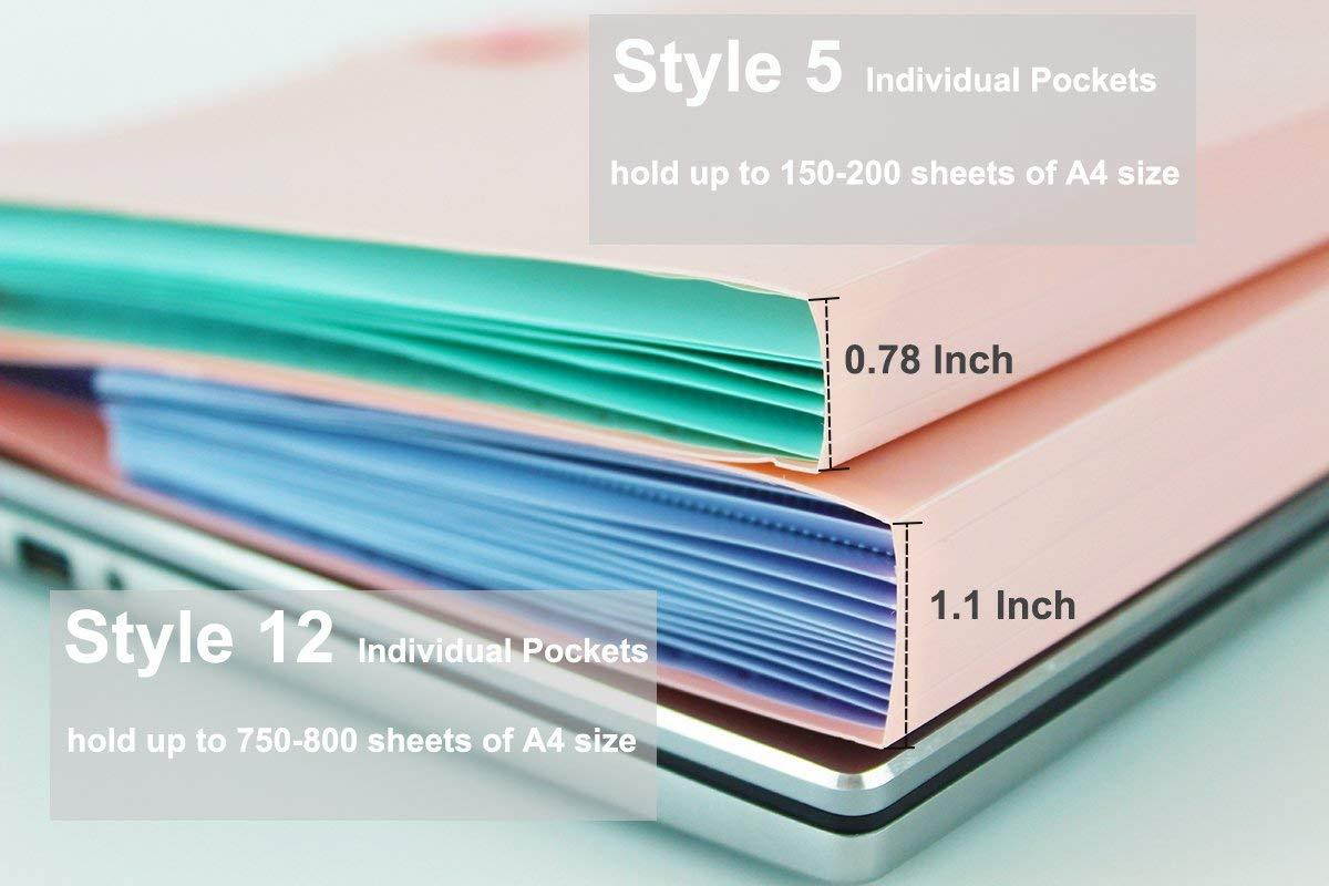 Placstic Expanding File Folders Accordion Document Organizer 5-Pocket A4 Letter Size with Snap Closure for School and Office,2-Pack,Pink