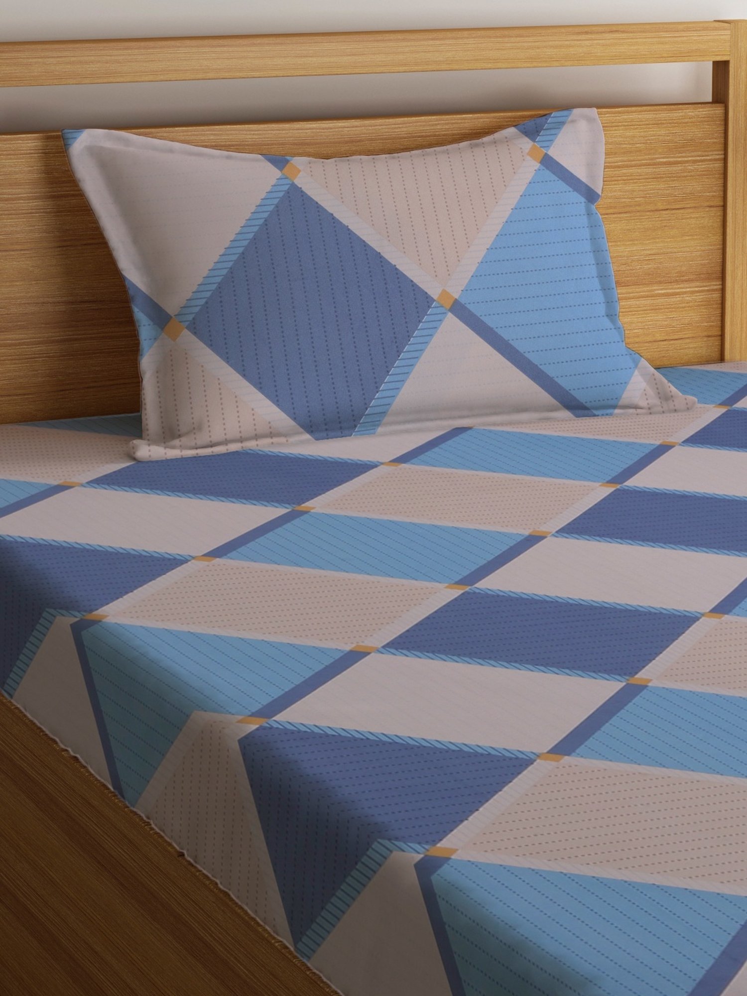 Klotthe Geometric Blue 210 TC Cotton Blend Single Bedsheet with 1 Pillow Cover