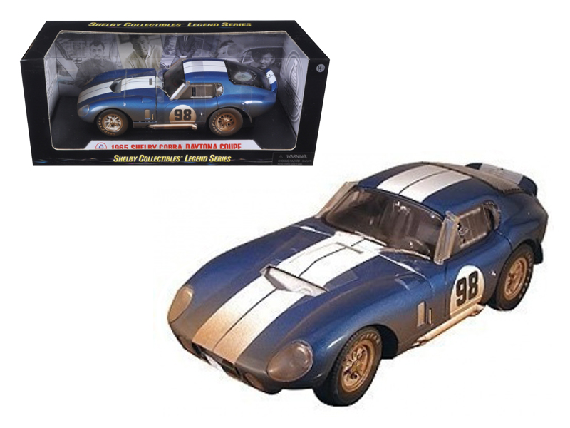 1965 Shelby Cobra 427 S/C Dark Blue Metallic with White Stripes with Printed Carroll Shelby's Signature on the Trunk 1/18 Diecast Model Car by Shelby Collectibles