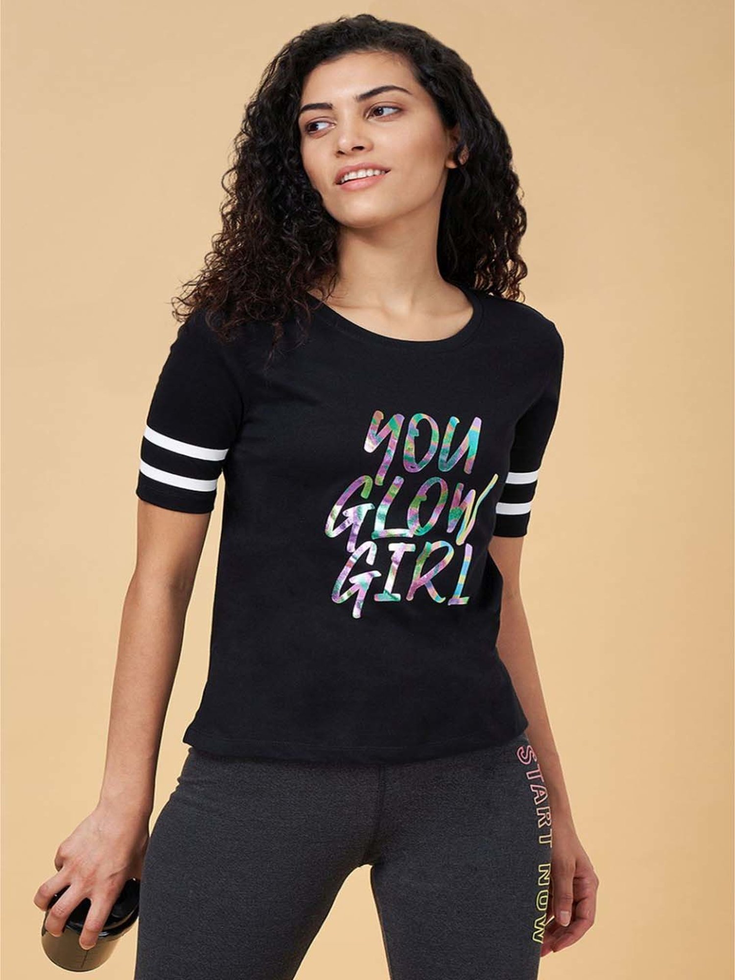 Ajile by Pantaloons Black Cotton Graphic Print Sports T-Shirt