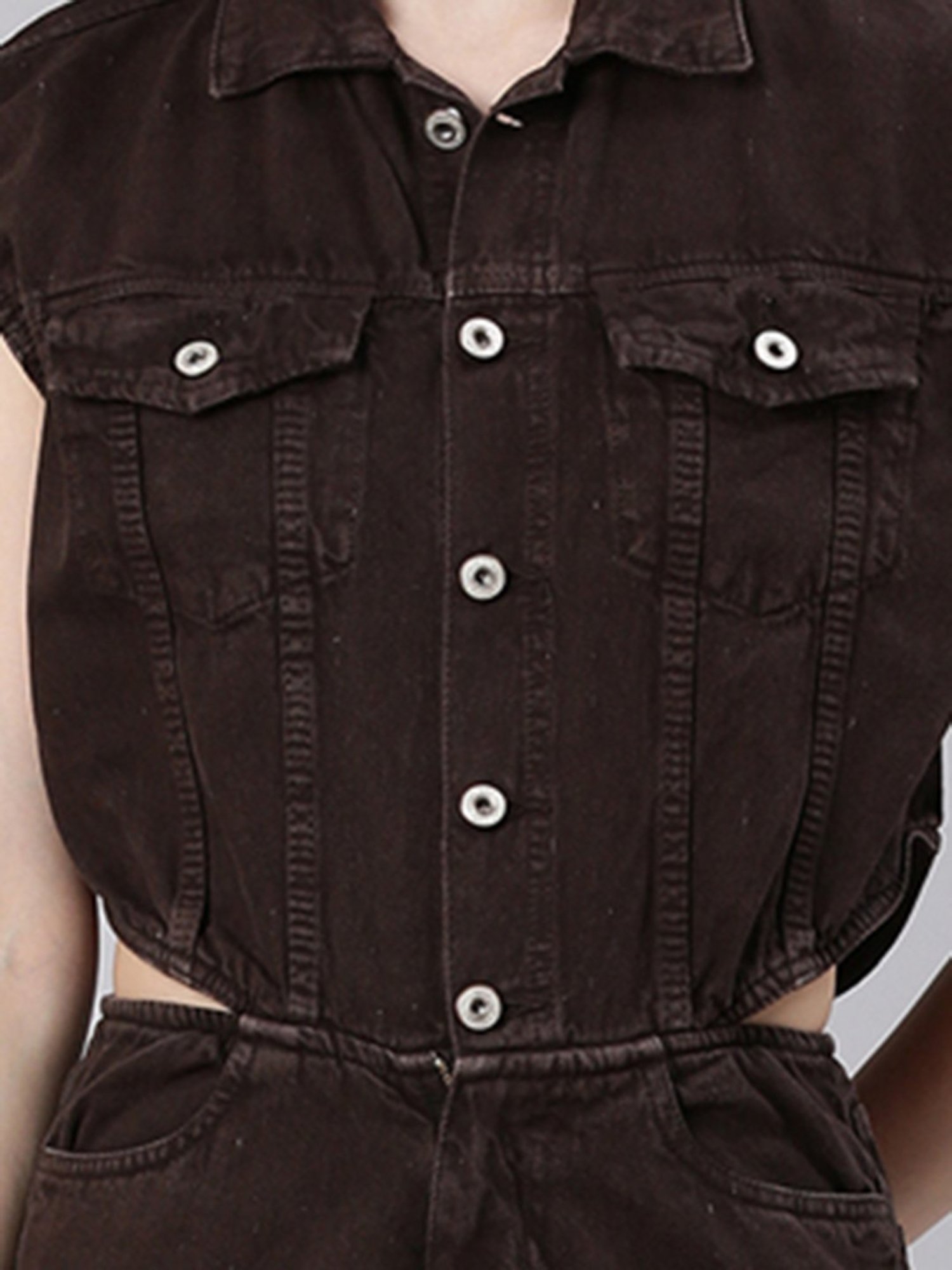 SHOWOFF Brown Denim Maxi Jumpsuit