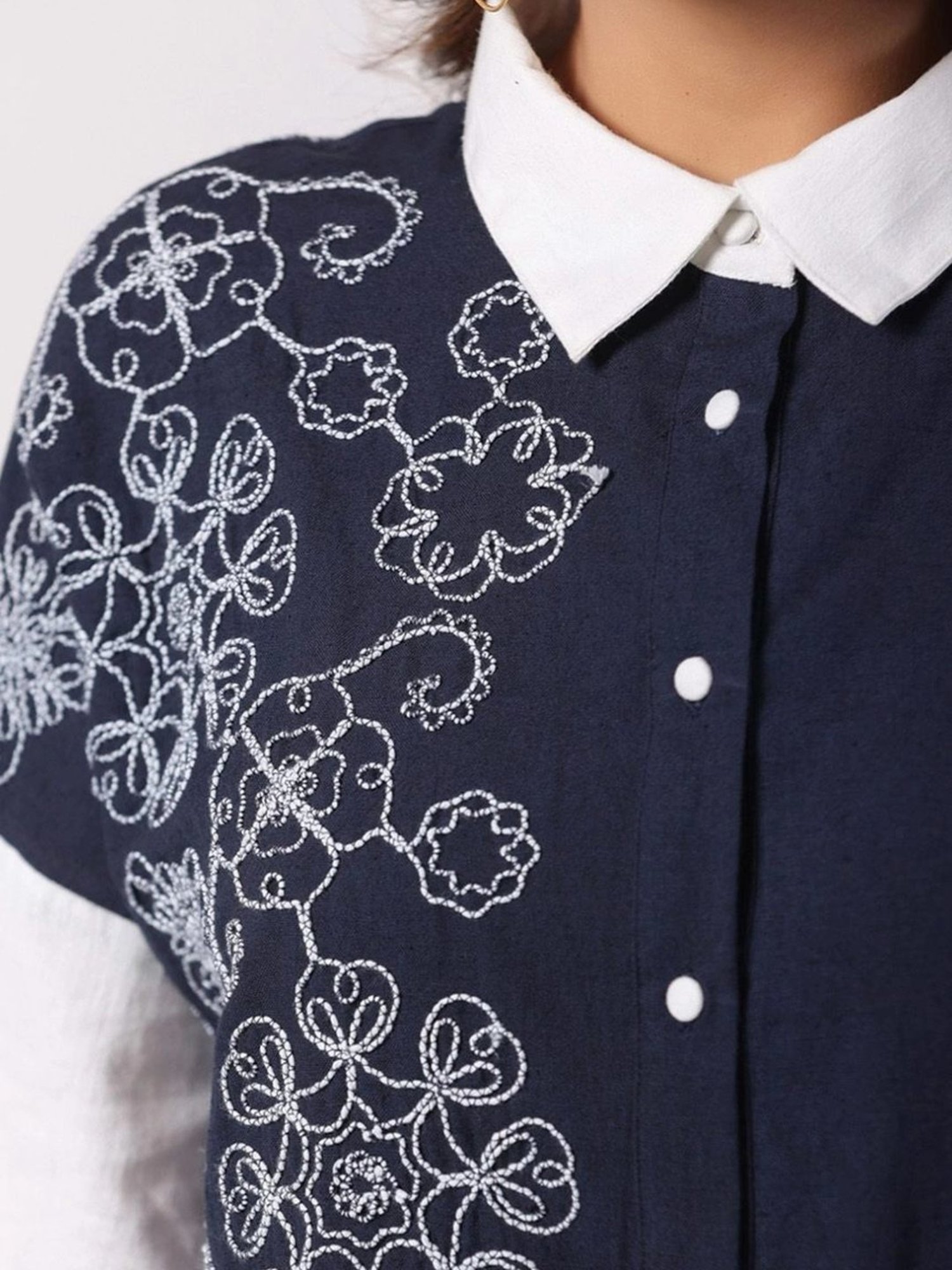 Kaftanize Navy Blue & White Embroidered Cotton Shirt with Pant Co-Ord Set
