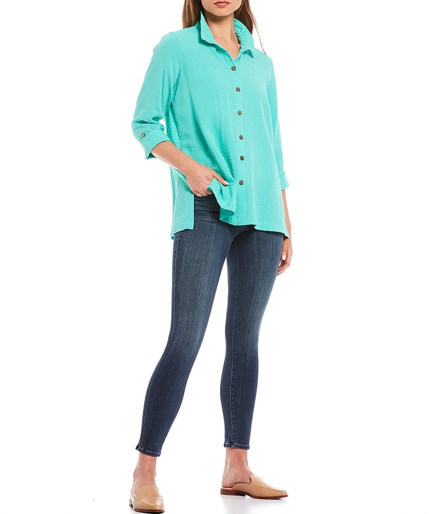 John Mark Crinkle Wire Collar 3/4 Roll Tab Sleeve Blouse