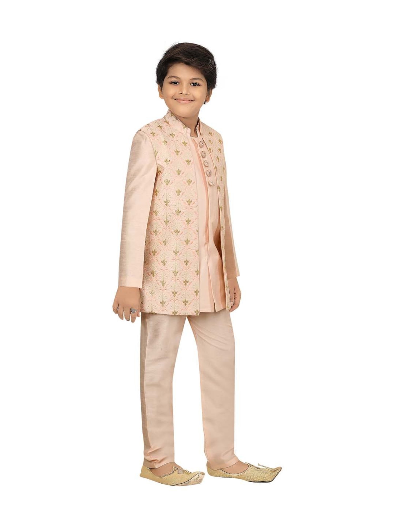Ahhaaaa Kids Beige Cotton Embroidered Full Sleeves Kurta Set