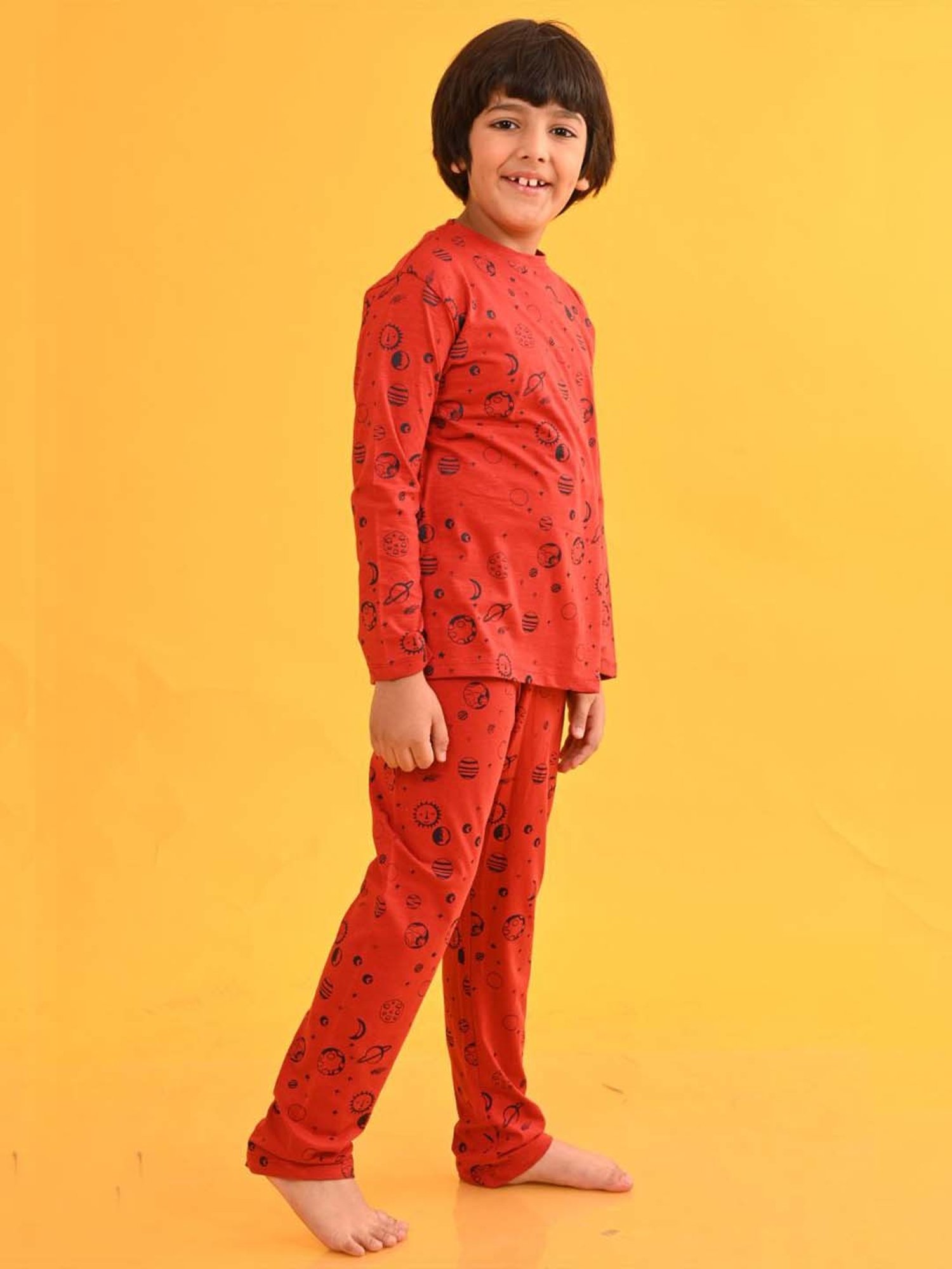 Anthrilo Kids Red Cotton Printed Full Sleeves T-Shirt & Trouser