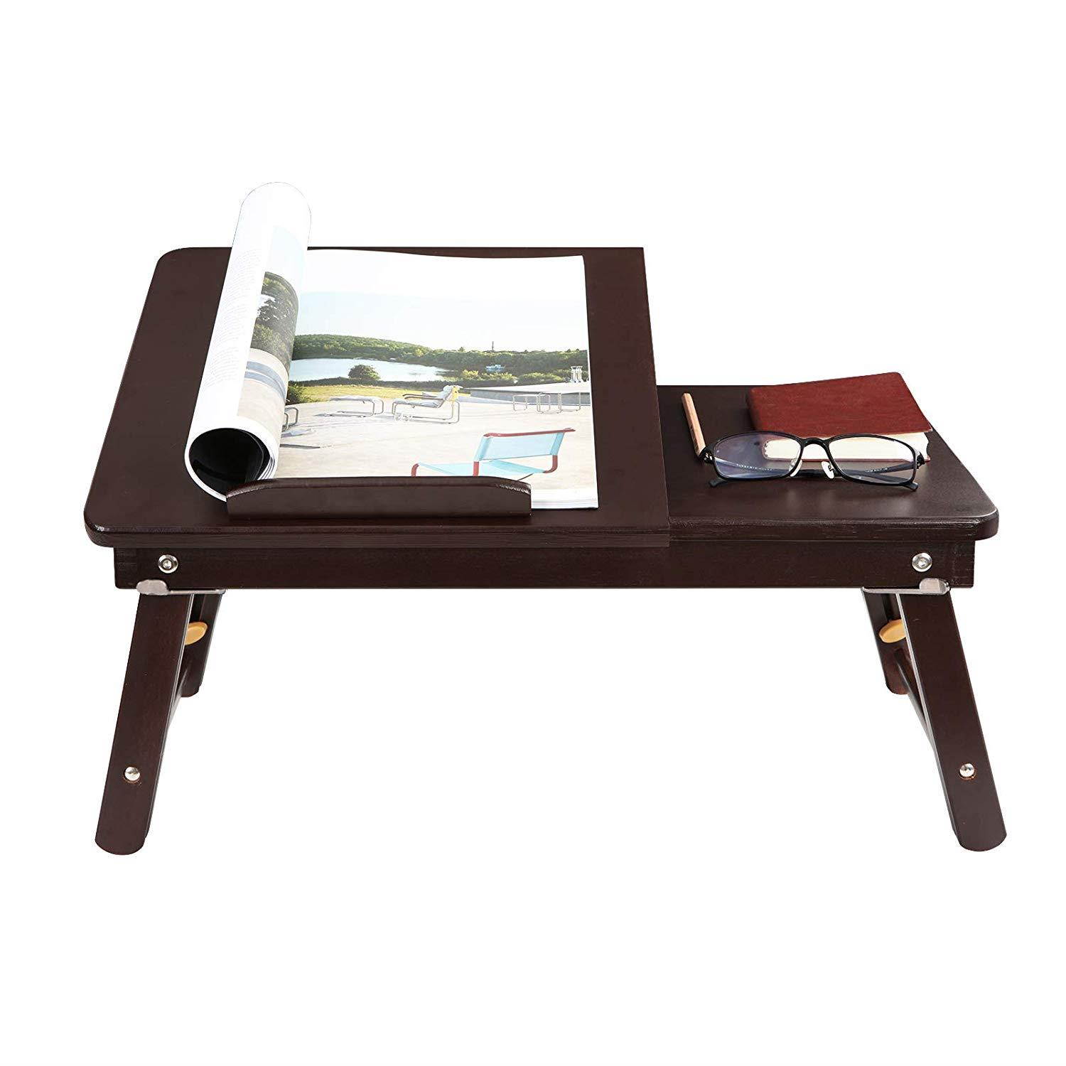 SONGMICS Multi Function Lapdesk,Adjustable Bed Tray,Foldable Breakfast Table Tilting Top with Storage Drawer for Surfing Reading Writing Eating Pre-assembled Bamboo Brown
