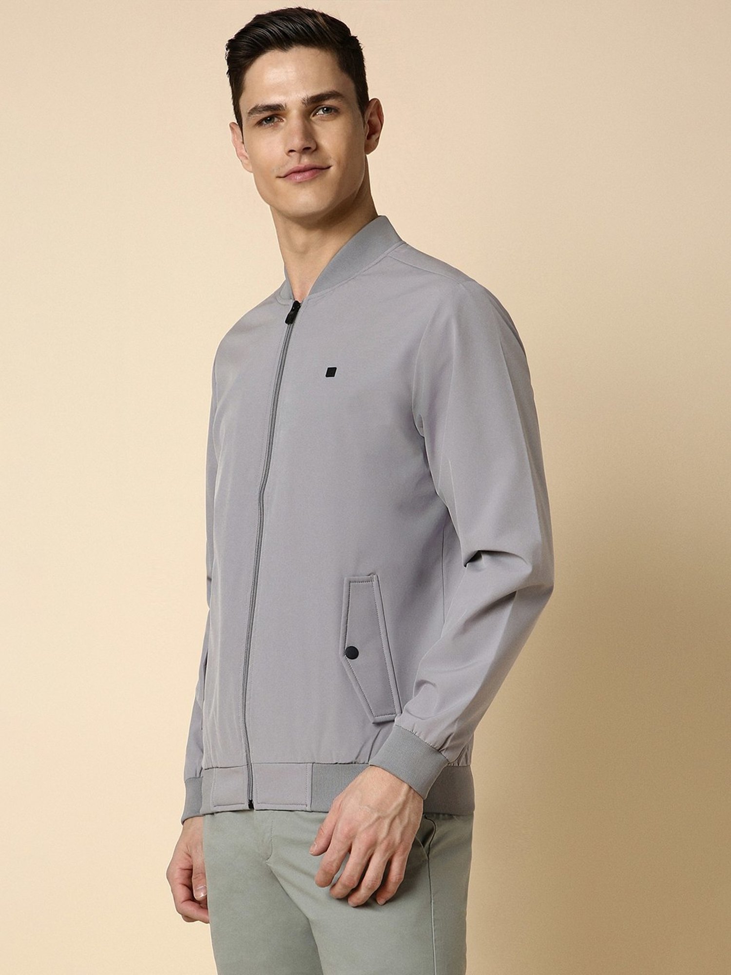 Allen Solly Grey Cotton Regular Fit Bomber Jacket