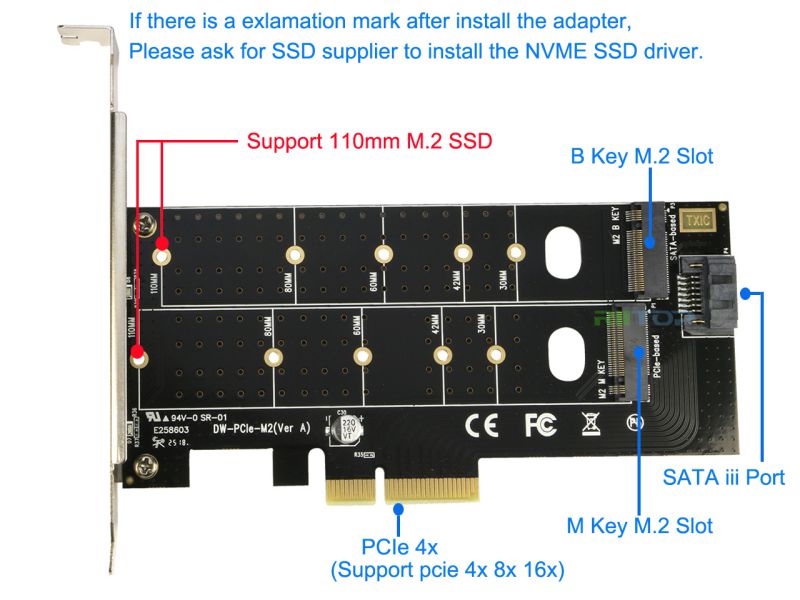 M.2 NGFF to Desktop PCIe x4 x8 x16 Adapter Card, RIITOP NVMe SATA Dual SSD PCI Express Adapter Card Support 110mm, 80mm, 60mm, 42mm, 30mm SSD