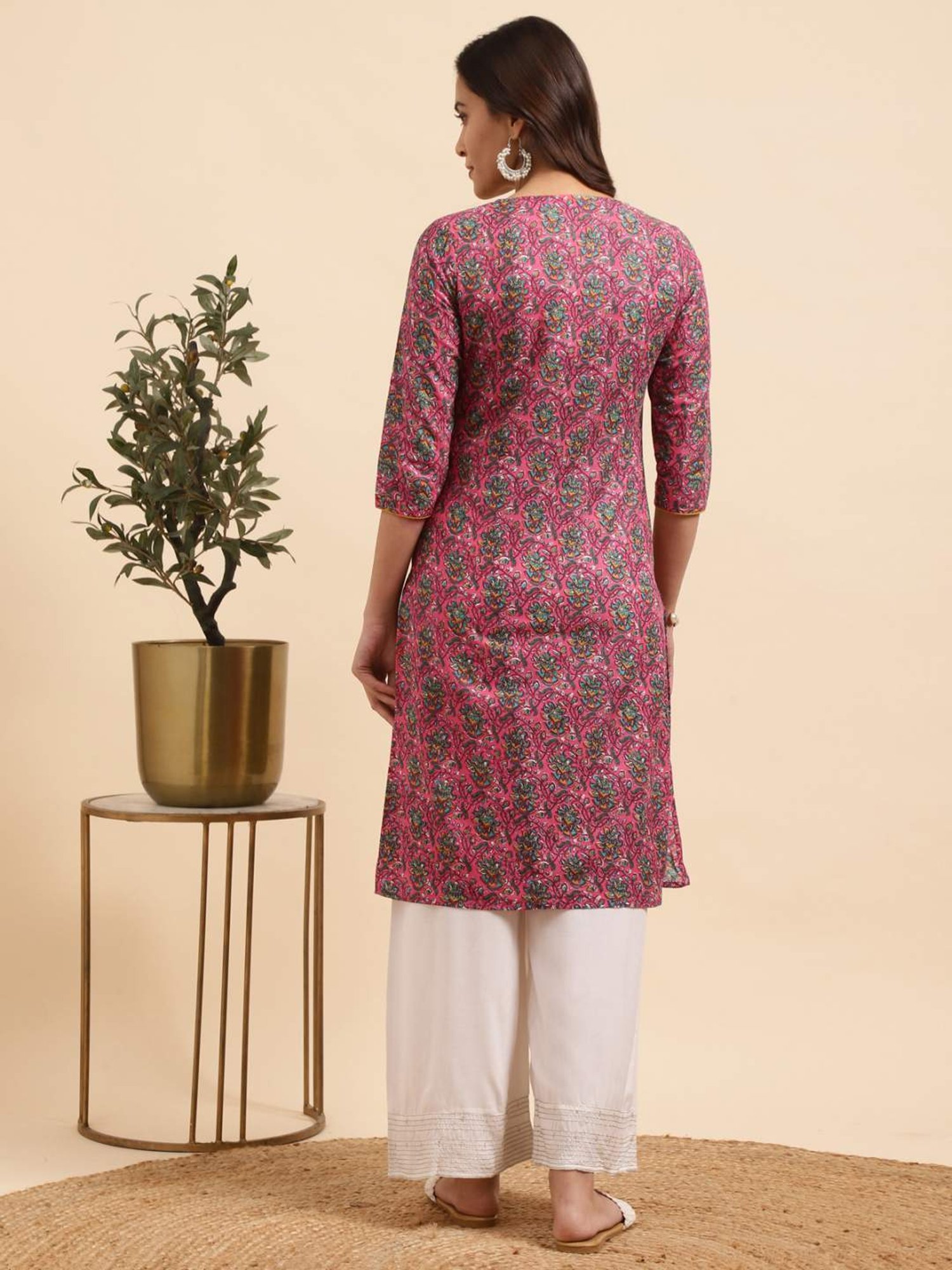 Rangita Pink Cotton Floral Print Kurta Palazzo Set