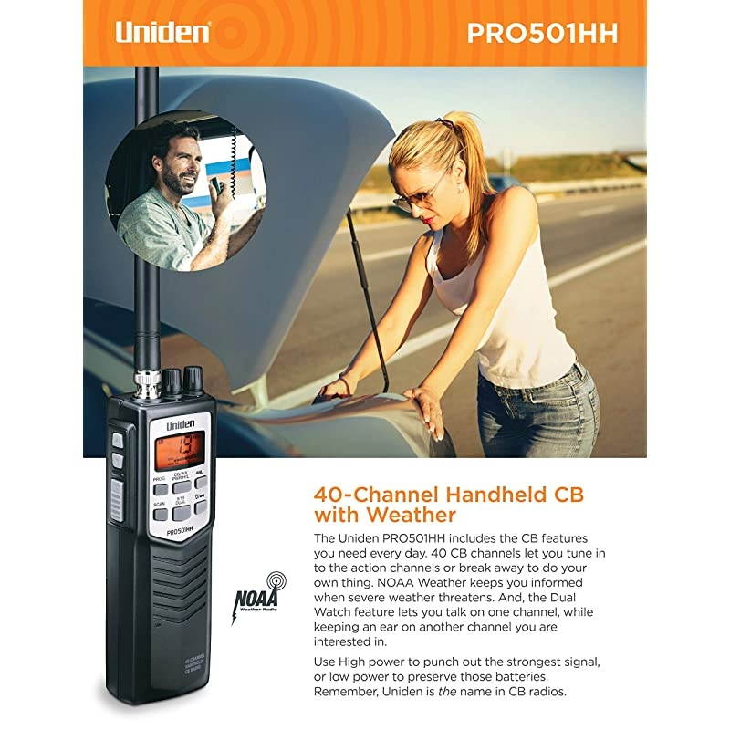 PRO501HH ProSeries 40Channel Portable Handheld CB RadioEmergencyTravel Radio Large LCD Display HighLow Power Saver 4Watts Auto Noise Limiter NOAA Weather and Earphone Jack
