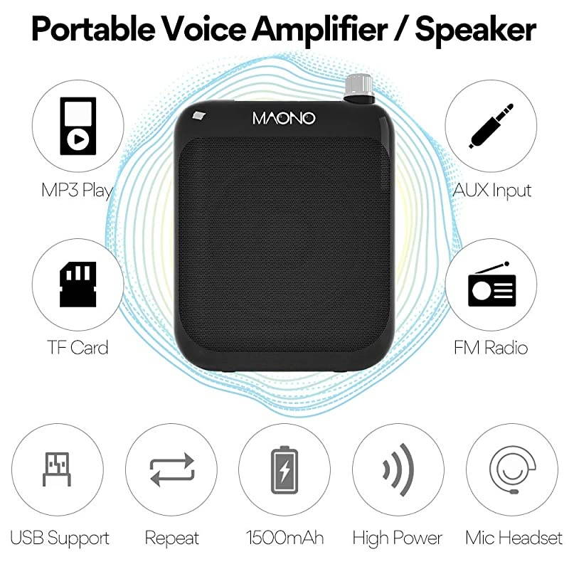 Portable Voice Amplifier  Lightweight Cardioid Rechargeable Wired Microphone with Waistband and LED Display, Support FM/MP3/TF card for Teachers, Tour Guides, Coaches, Training, Promotion, AU-C01