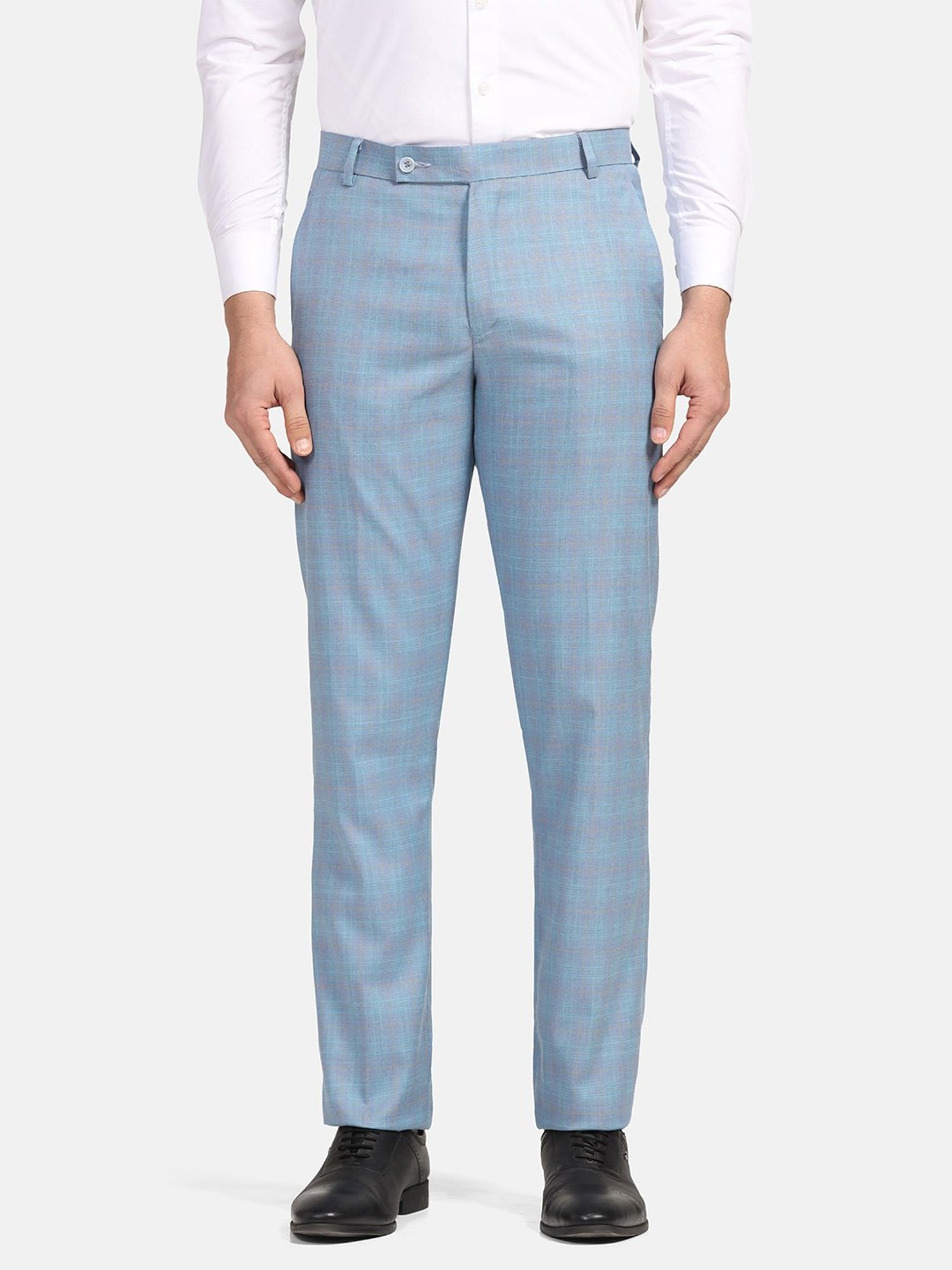 TAHVO Sky Blue Regular Fit Flat Front Trousers
