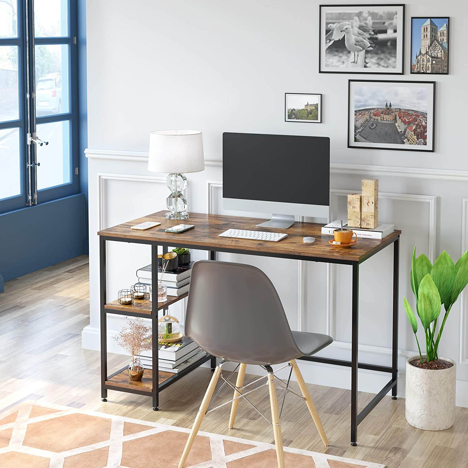 Computer Desk with 2 Shelves, 47 in Length Study Writing Table, 2-in-1 Large Office Desk with Metal Legs, Adjustable feet, Modern Furniture for Home Office, Study Room-Rustic Brown