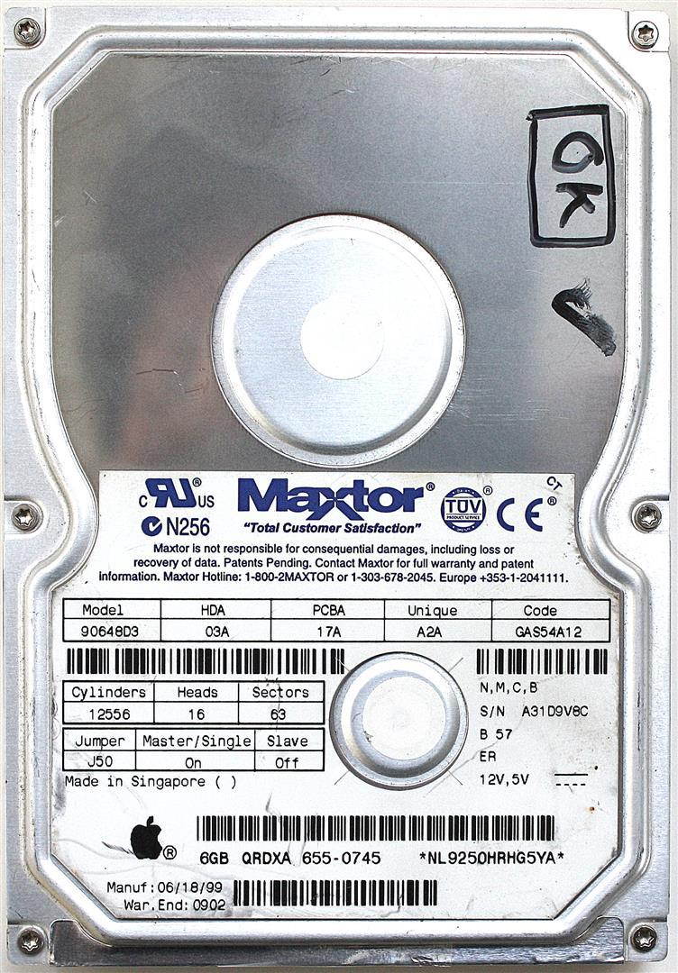 6.4GB IDE HDD, 90648D3 03A 17A A2A GAS54A12, QRDXA 655-0745