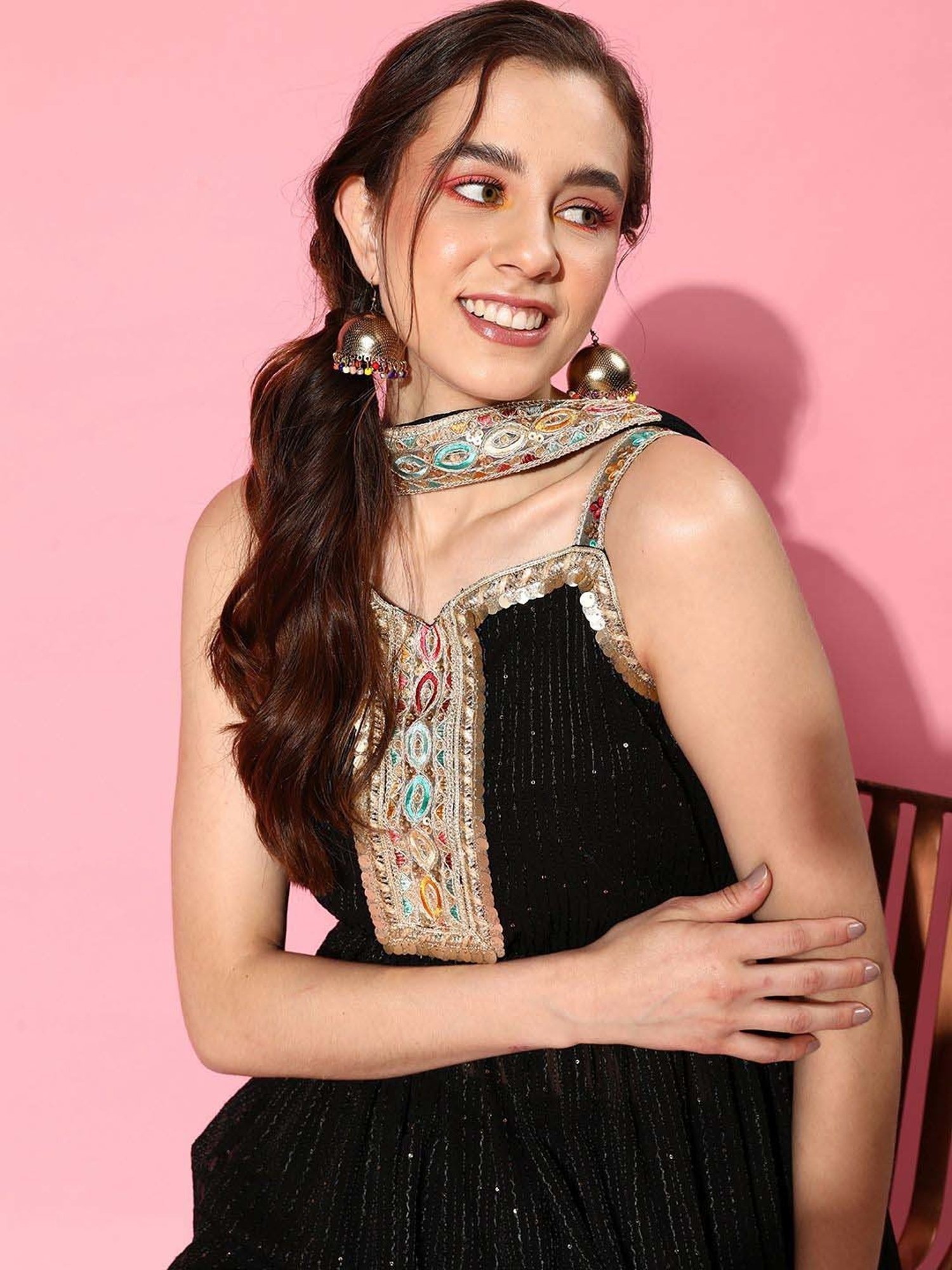 Inweave Black Embellished Kurta & Sharara Set With Dupatta