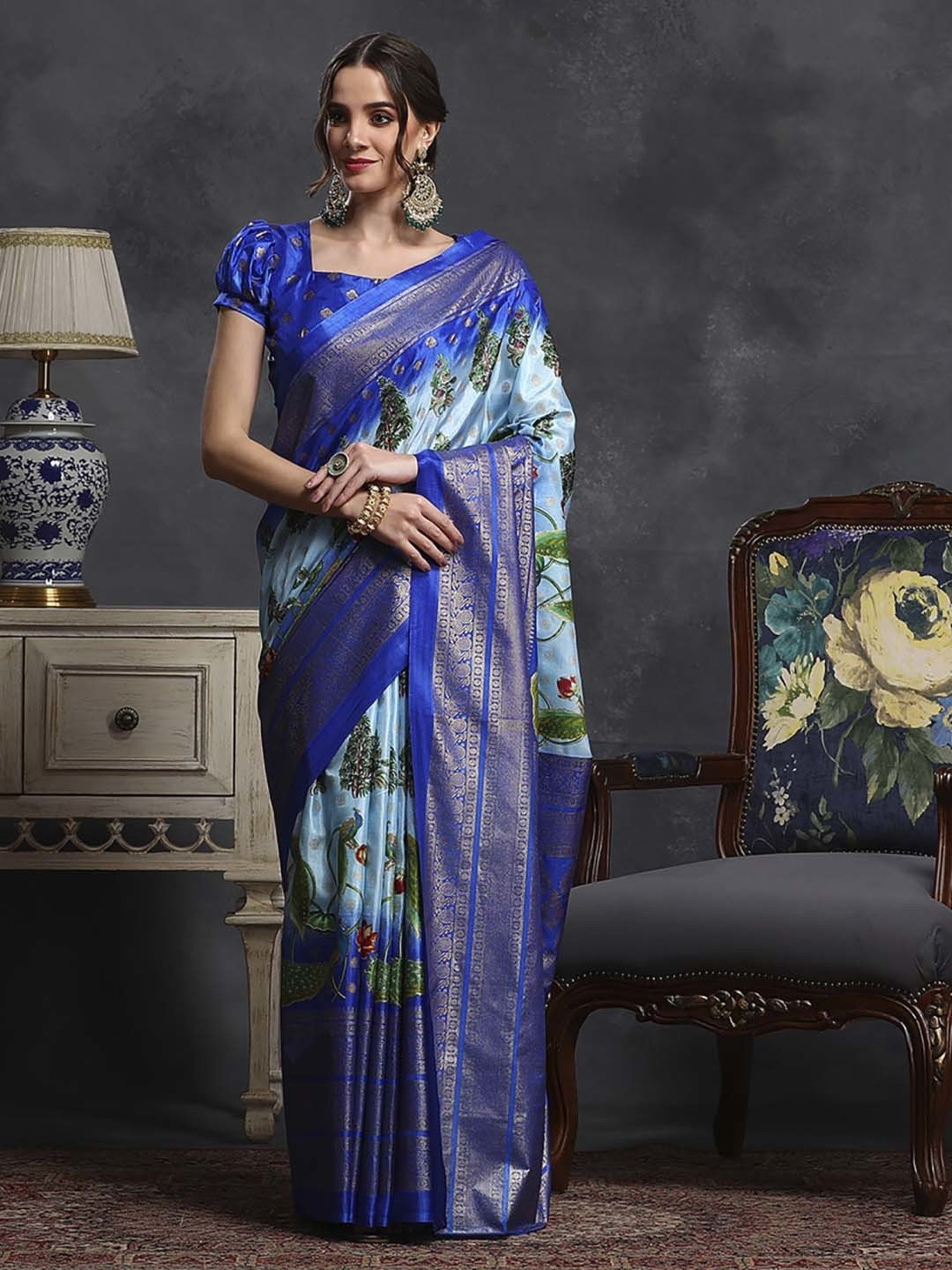 Saree Mall Blue Silk Printed Saree With Unstitched Blouse