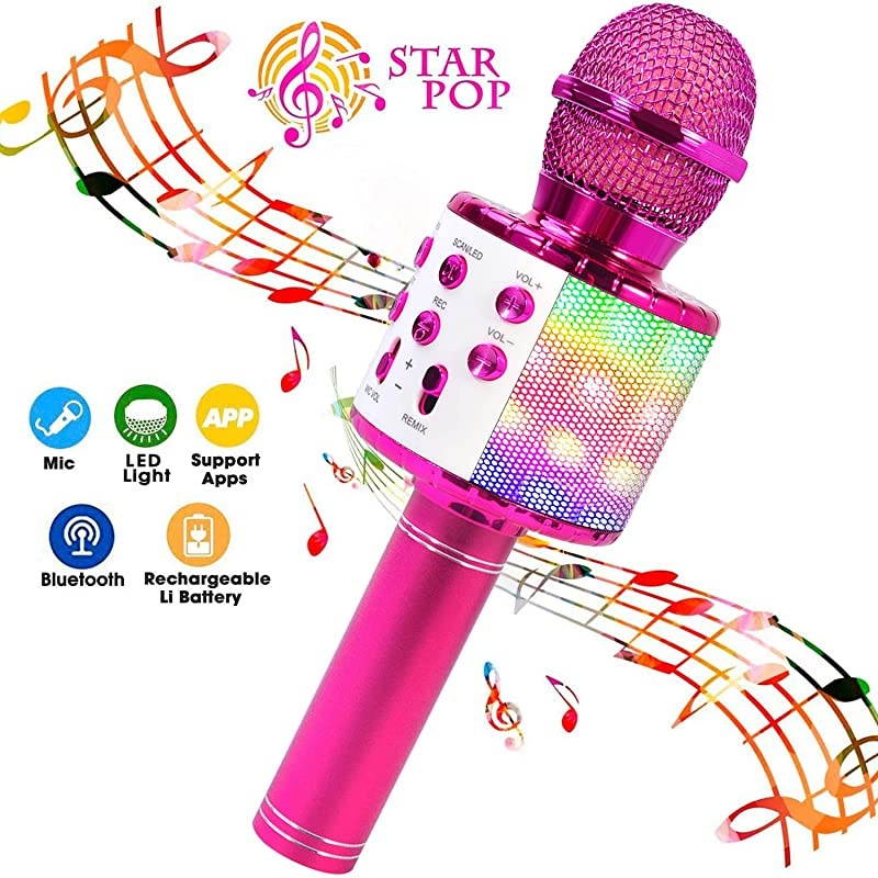 Bluetooth 4 in 1 Karaoke Wireless Microphone with LED Lights, Portable Microphone for Kids, Girls, Boys and Adults (Purple)