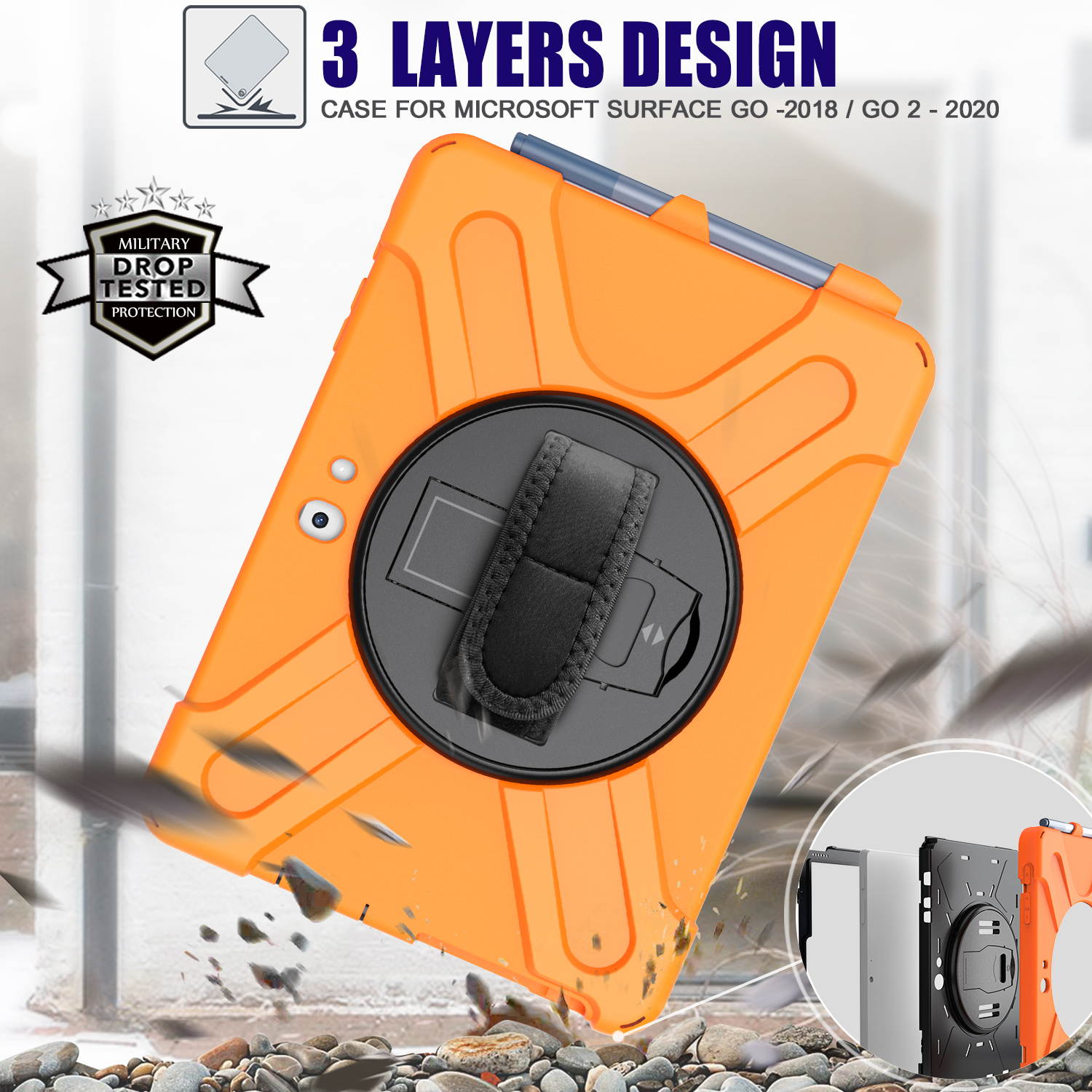 Case for Microsoft Surface Go 2 10.5 inch 2020 / Surface Go 10 inch 2018 with with Pen Holder, Hand Strap & Shoulder Strap Shockproof Protective Stand Cover