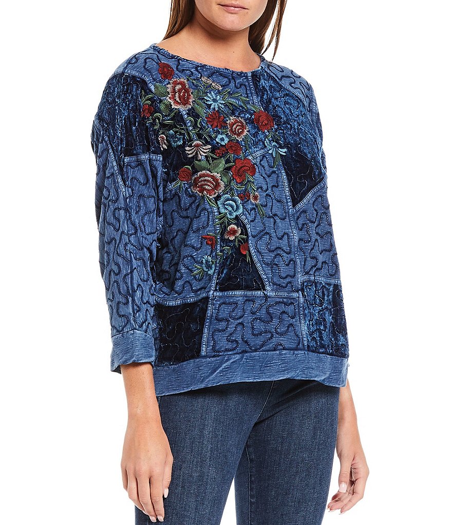 Tru Luxe Jeans Patchwork 3/4 Sleeve Boat Neck Embroidered Mixed Media Top