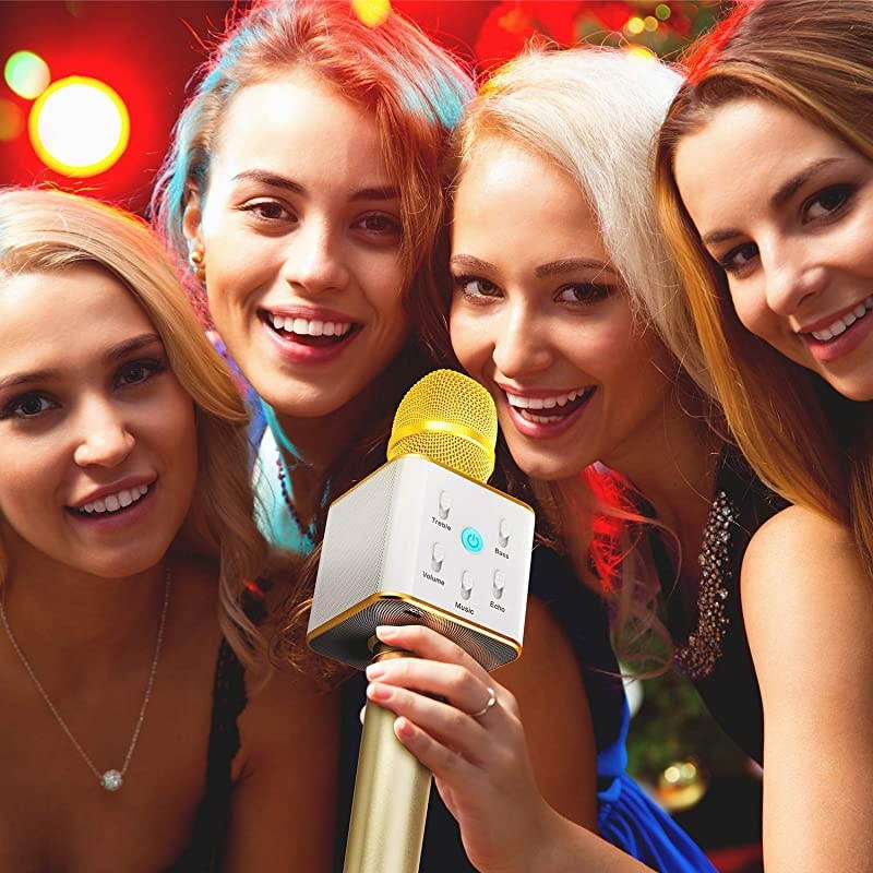 Q7 Wireless Bluetooth Karaoke Microphone10W Dual Speakers Portable Handheld Karaoke Machine Christmas Birthday Home Party for KidsAdults iPhoneiPadTabletTVPCAndroid SmartphoneGolden