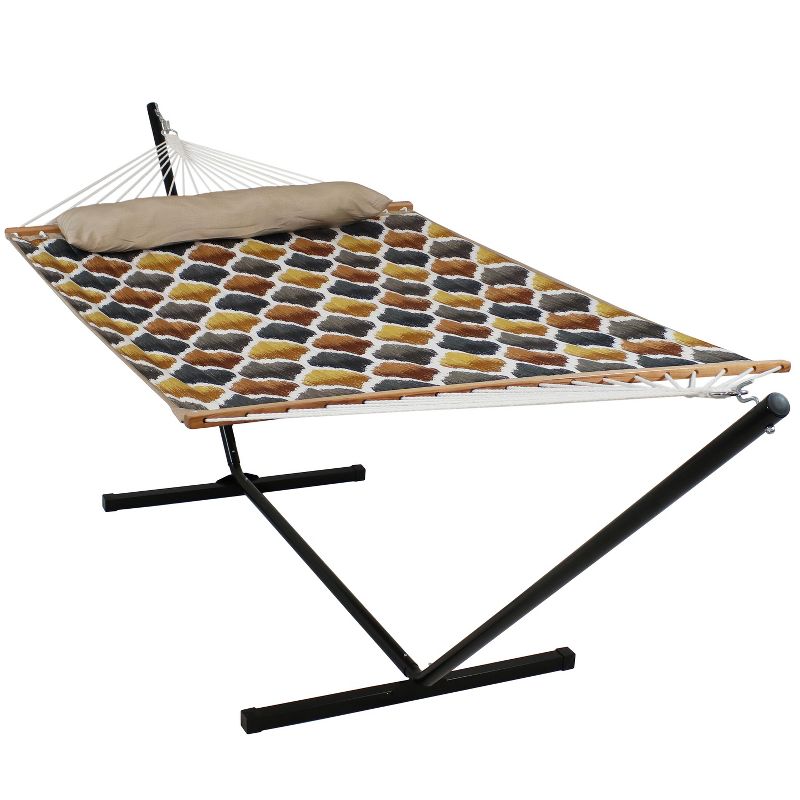 Sunnydaze Outdoor 2-Person Double Polyester Quilted Hammock with Wood Spreader Bar and 12ft Black Steel Stand - Gold and Bronze Quatrefoil