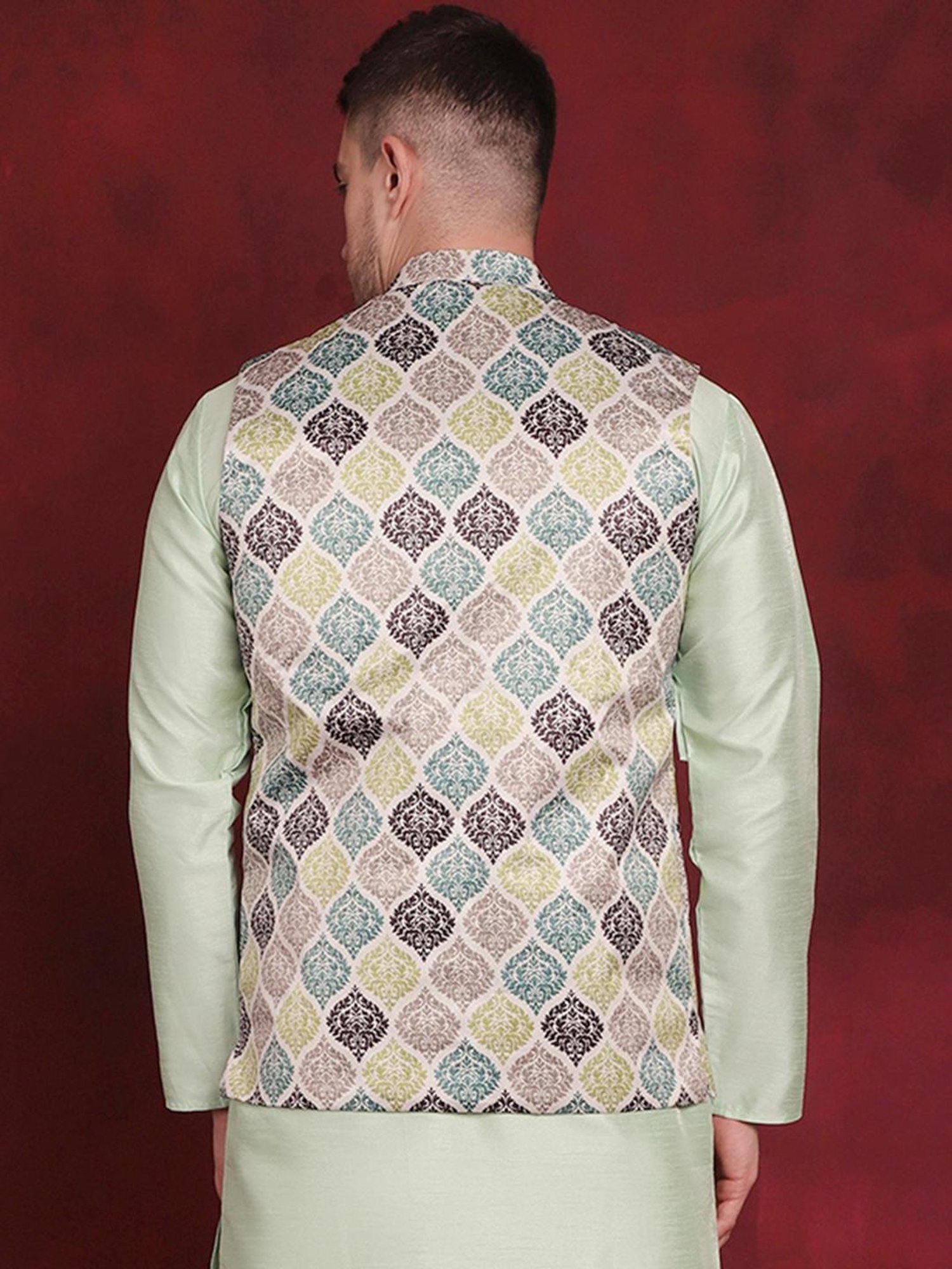 Jompers Green Regular Fit Printed Nehru Jacket