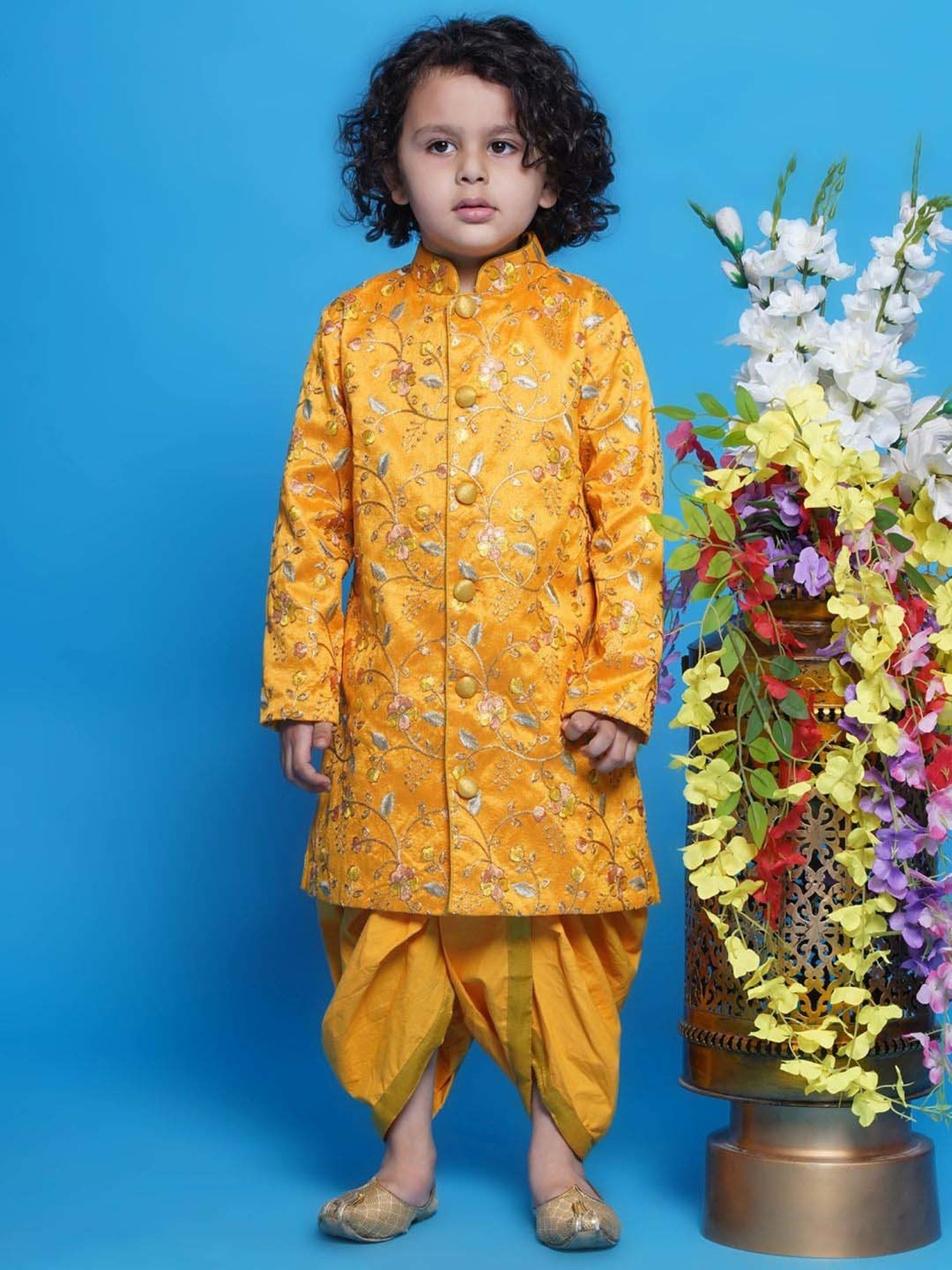 Little Bansi Boys Yellow Embroidery Full Sleeves Kurta Set
