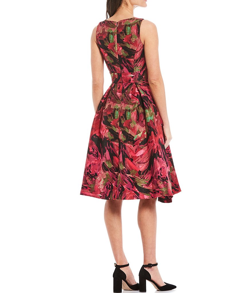 Maison Tara Sleeveless Floral Jacquard Fit and Flare Dress
