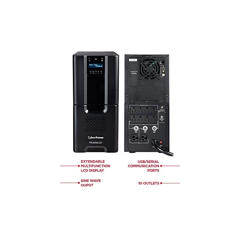 PR3000LCD Smart App Sinewave UPS System, 3000VA/2700W, 10 Outlets, AVR, Tower Black