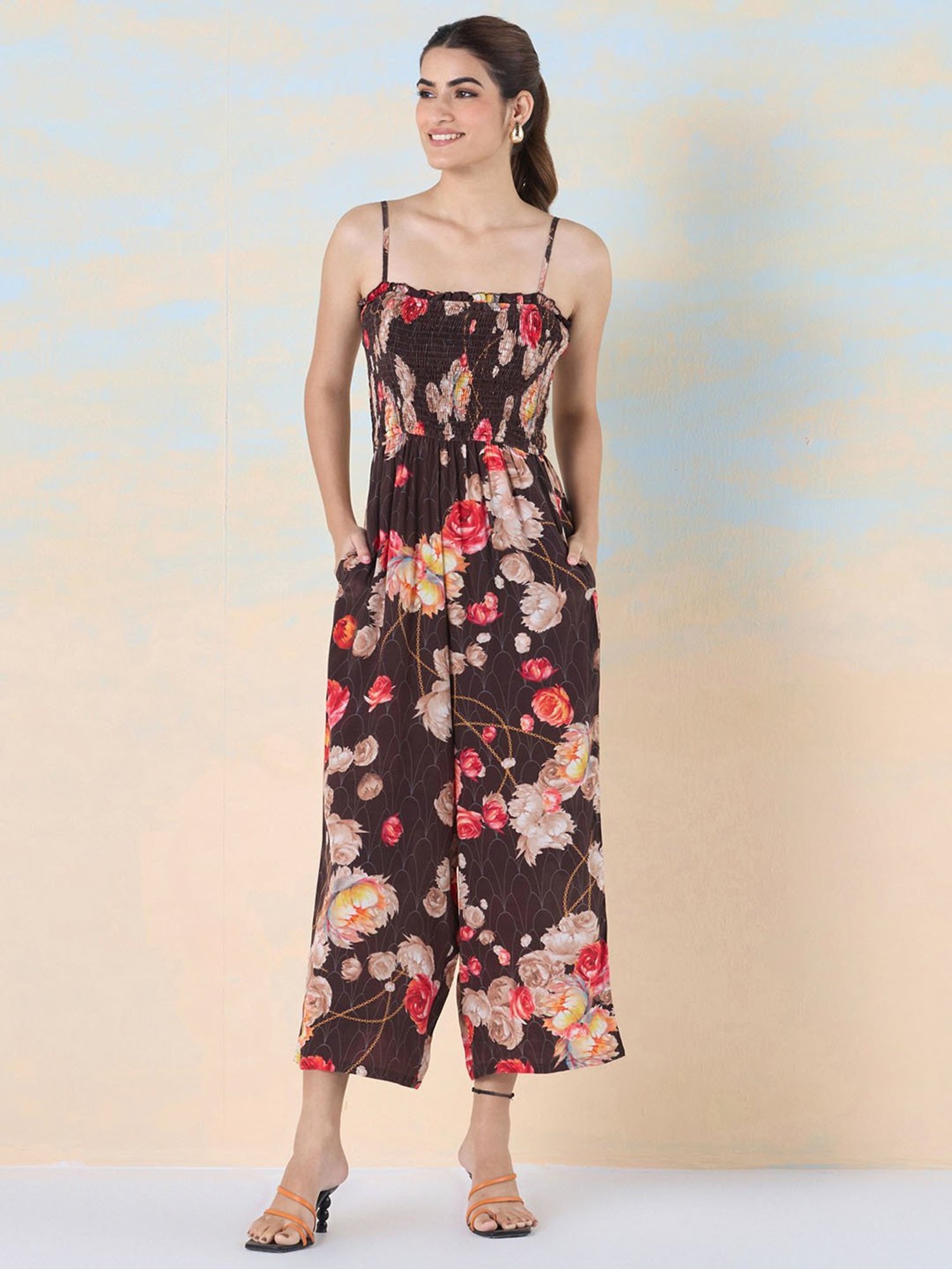 navyasa by liva Brown Floral Print Jumpsuit With Shirt