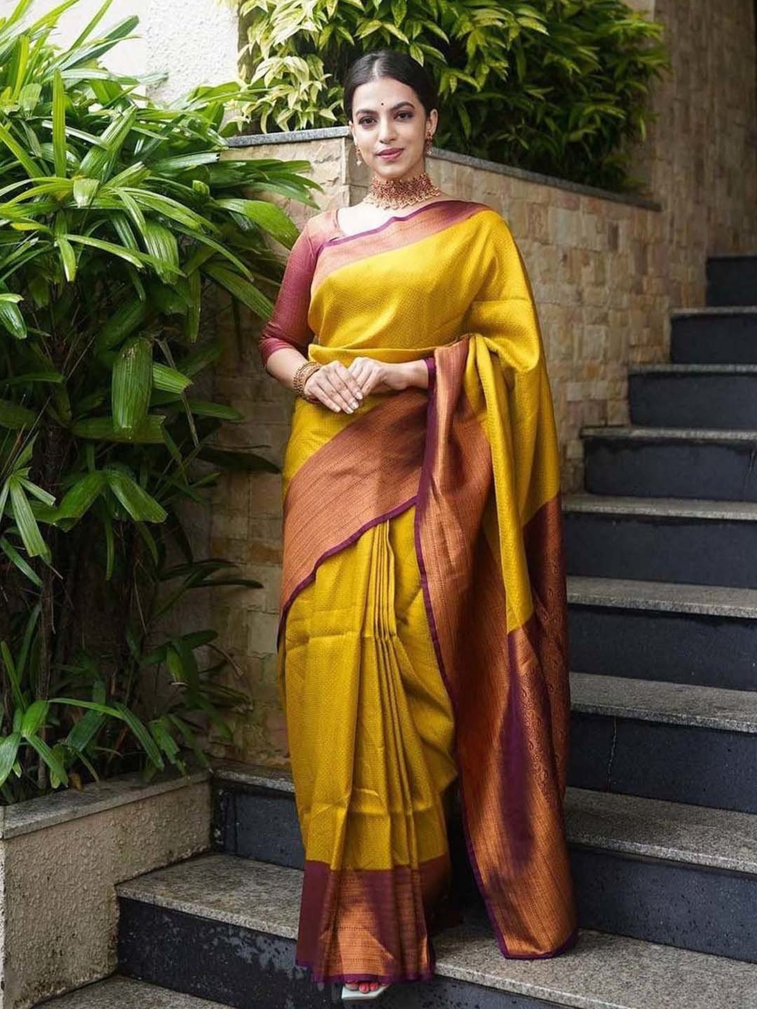 SHUBHKALA Yellow Silk Woven Saree With Unstitched Blouse