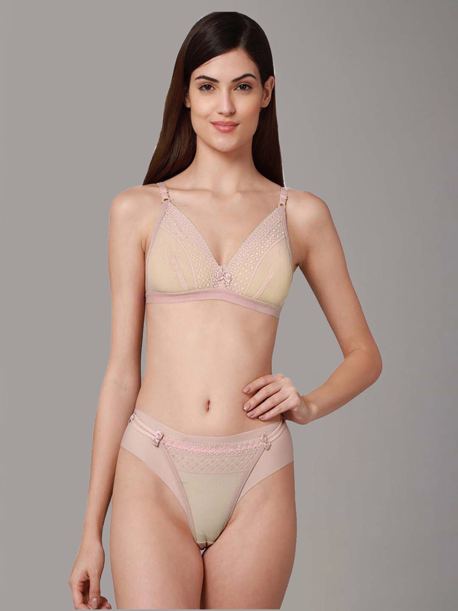 AROUSY Black & Beige Self Pattern Bra Panty Set - Pack Of 2