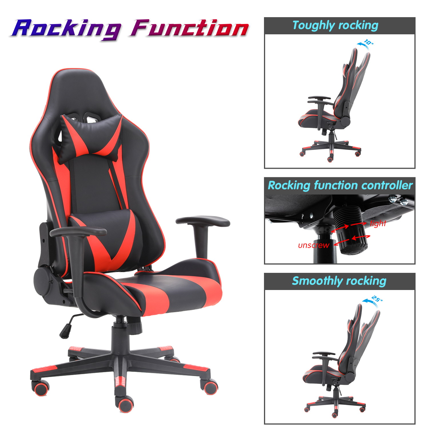Racing Style Ergonomic Computer Gaming Chair Massage Chair with High-Back Swivel PU Leather, Seat Height Adjustable, and Lumbar & Head Support