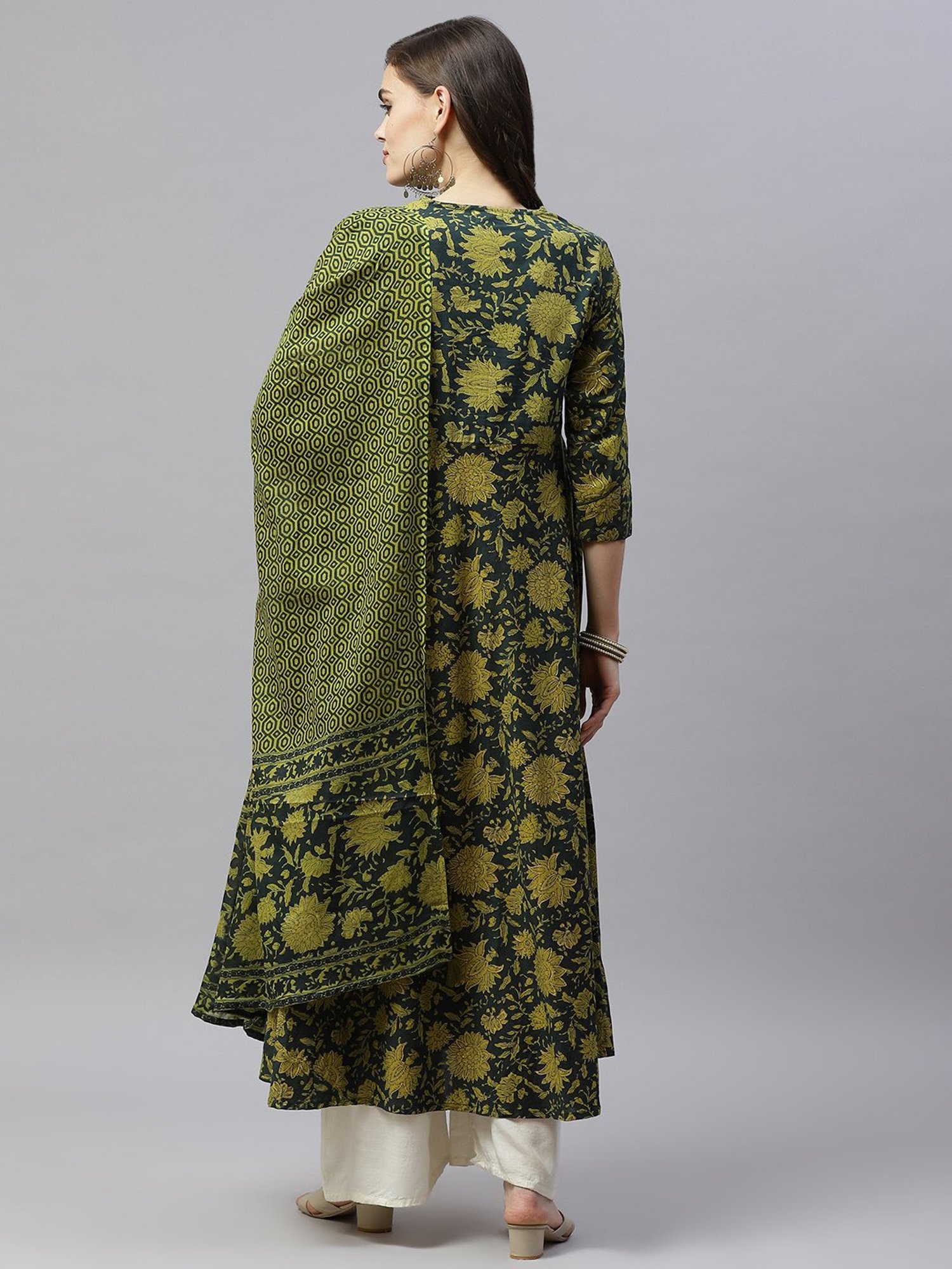 Miravan Green Floral Print Anarkali Kurta With Dupatta