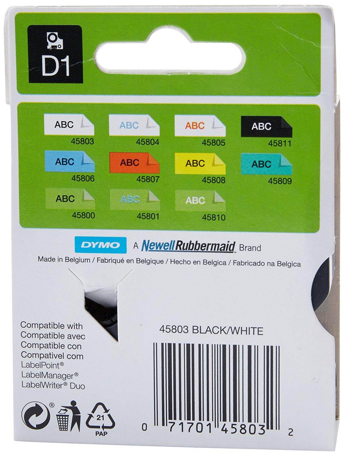 DYMO Labeller Tape, D1 Tape Cassette 3/4 x 23', Box of 1, Black on White (45803)