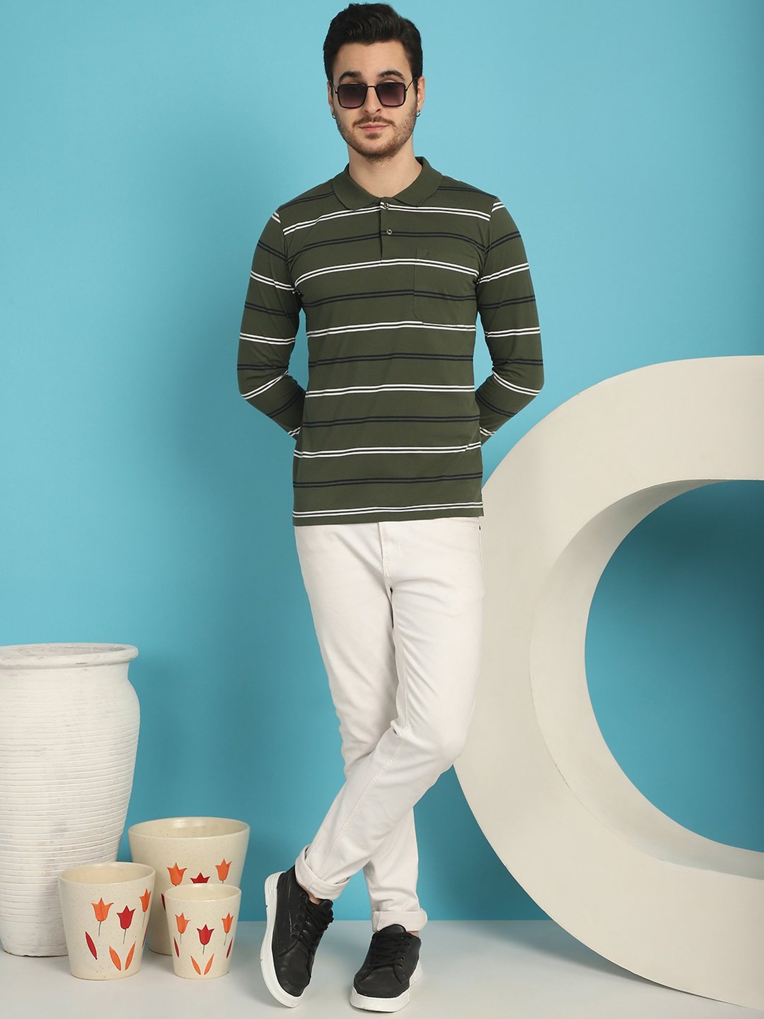 Venitian- Forbidden Clothing Green Regular Fit Striped Polo T-Shirt