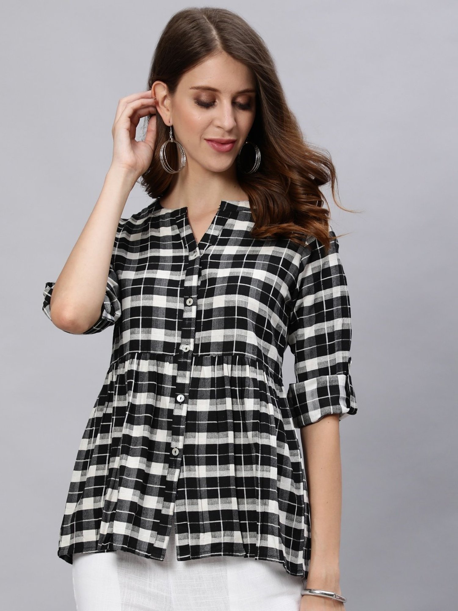 Jaipur Kurti Black & White Checked Top