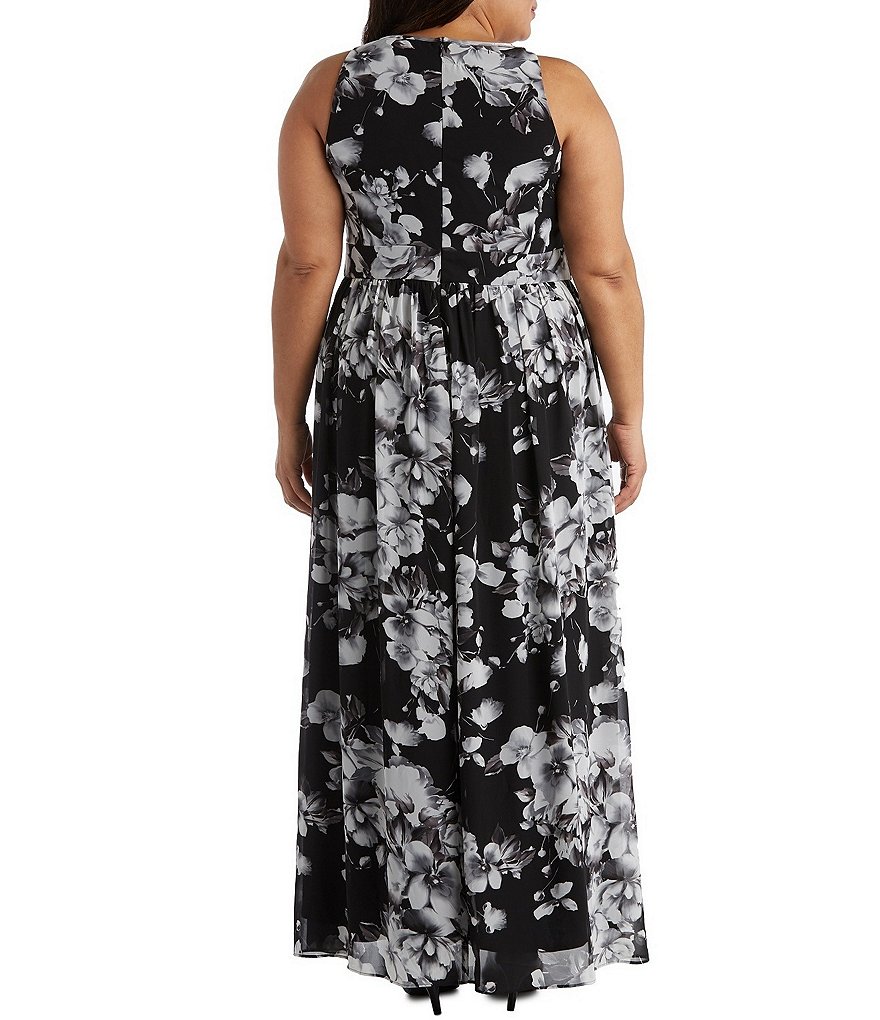 R & M Richards Plus Size Floral Printed Sleeveless Round Keyhole Neck Chiffon Dress