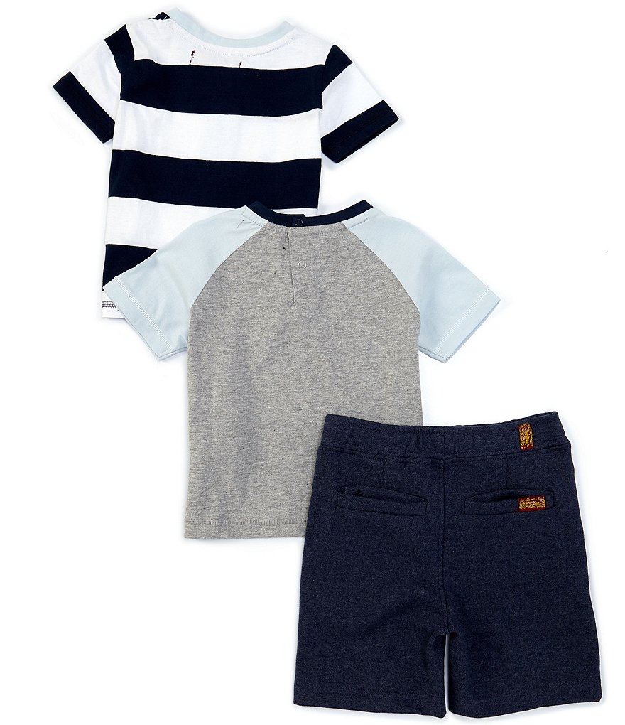 7 For All Mankind Baby Boys 12-24 Months Stripe Henley Tee, Colorblock Raglan Tee, & Pull-on Knit Shorts Set