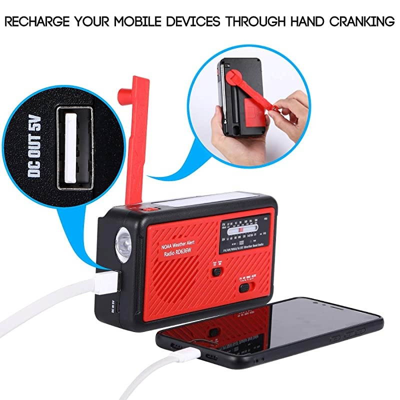 Radio with Solar and Hand Crank Self Powered Portable FMAM NOAA Weather Radio with Alert Battery USB Recharging LED Flashlight Cell Phone Charger red