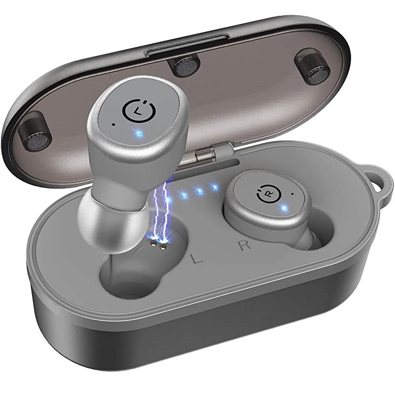 T10 Bluetooth 5.0 Wireless Earbuds with Wireless Charging Case IPX8 Waterproof TWS Stereo Headphones in Ear Built in Mic Headset Premium Sound with Deep Bass for Sport Gray