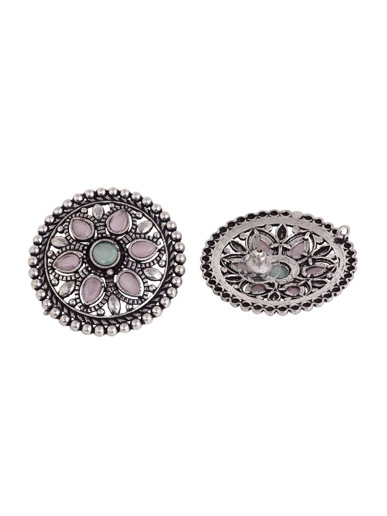 Saraf RS Jewellery Oxidised Silver Pink Mint Studds Earrings