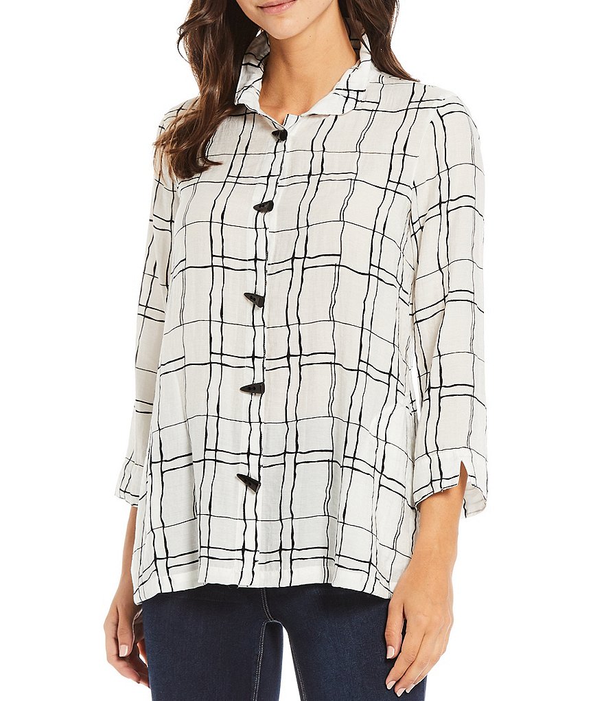 Ali Miles Windowpane Print Wire Neck Button Front Blouse