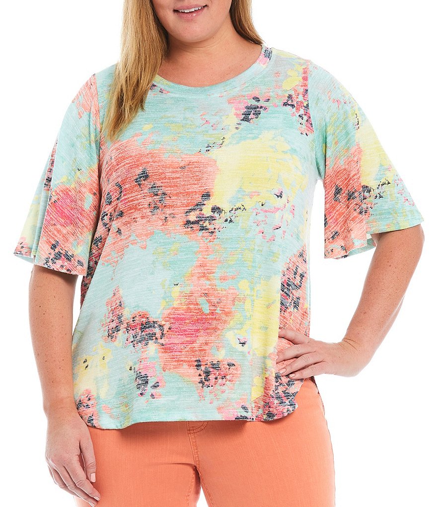 Westbound Plus Size Blur Floral Print Crew Neck Flounce Short Sleeve Top