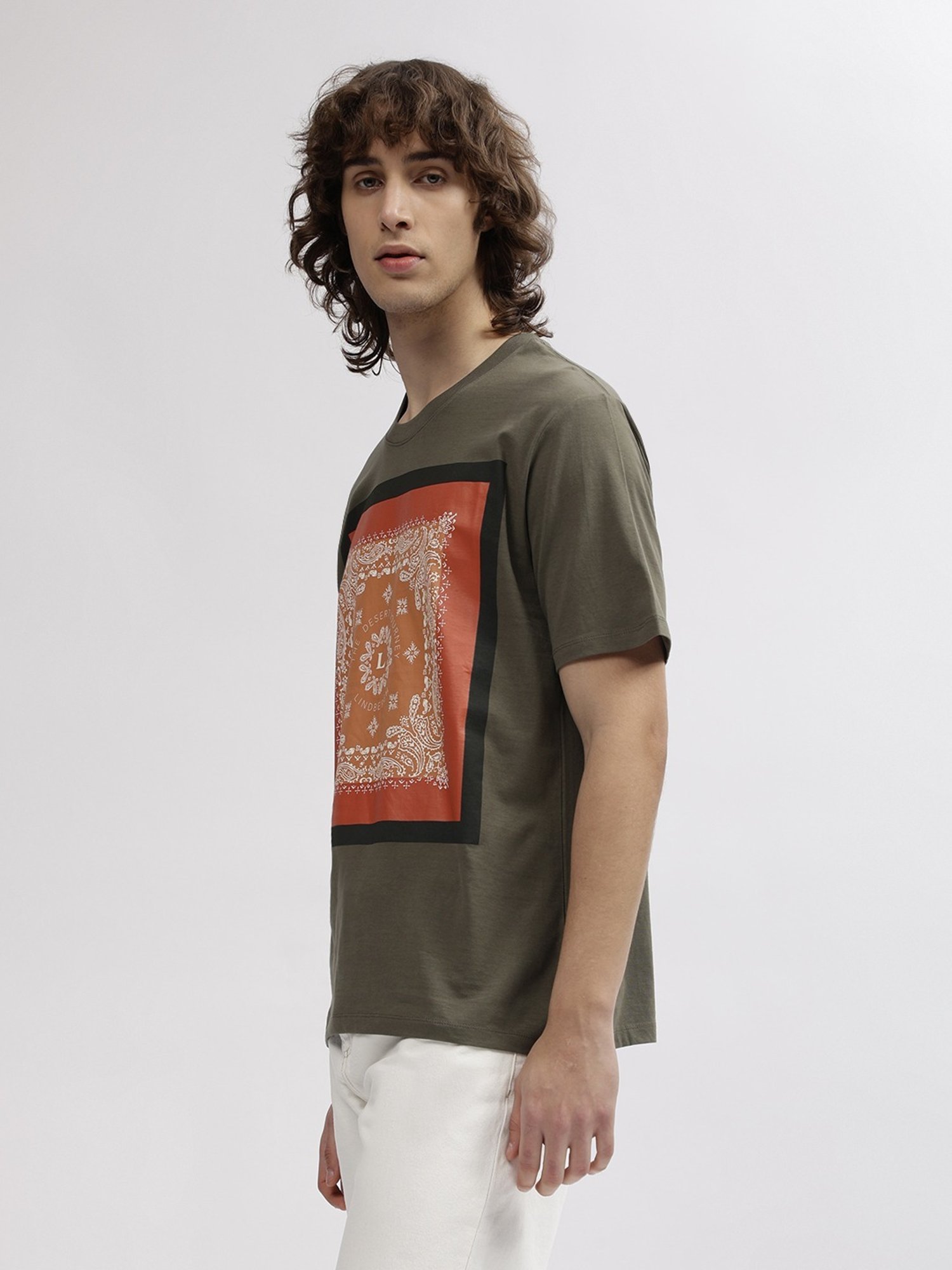 Lindbergh Green Cotton Oversize Fit Printed T-Shirt