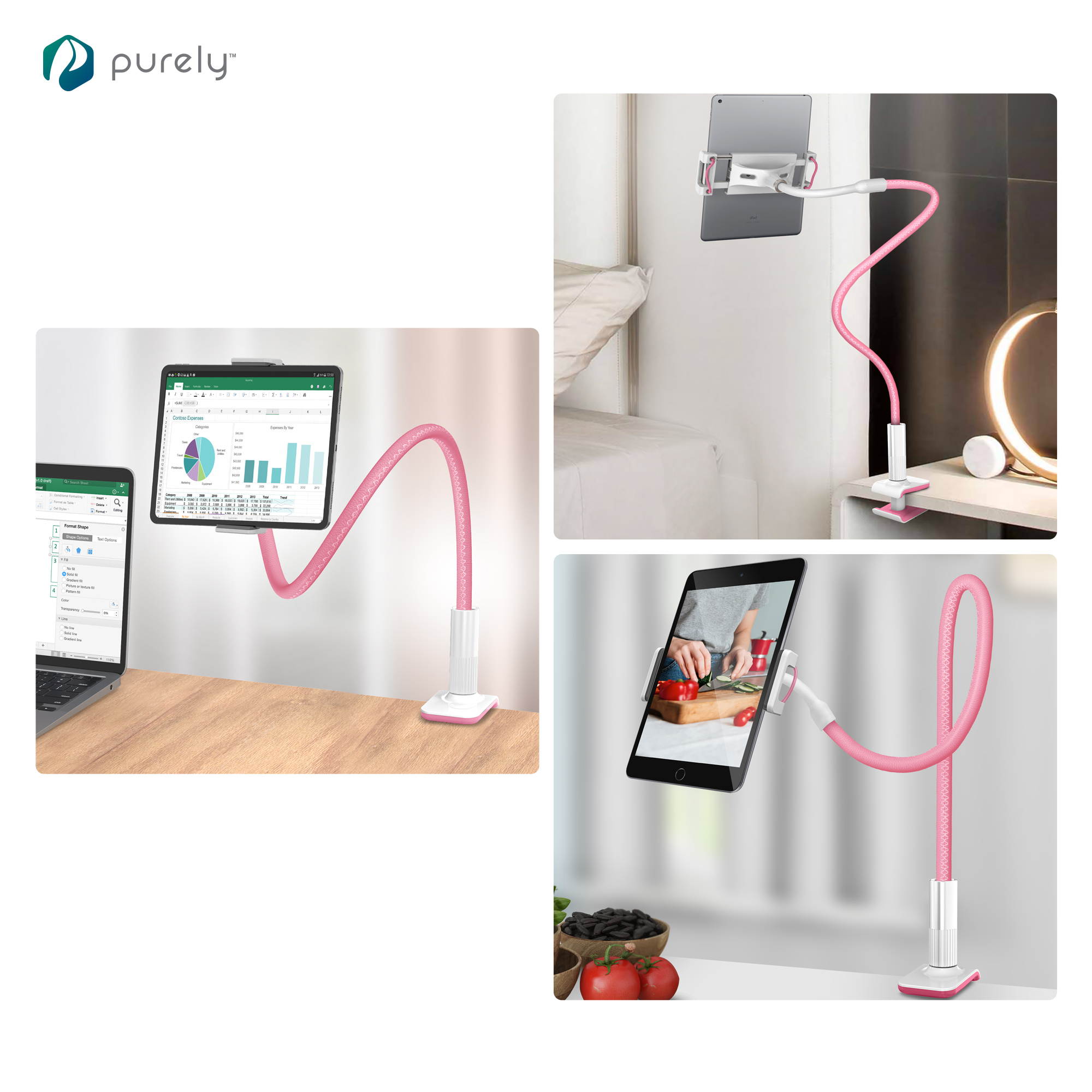 Purely Gooseneck Phone and Tablet Holder Deluxe | 39&rdquo; Flexible Arm with Clip Mount 4" to 12.9" Devices - Compatible with iPad Pro, Mini & Samsung Galaxy Tab - Desk, Bedside, Headboard Stand