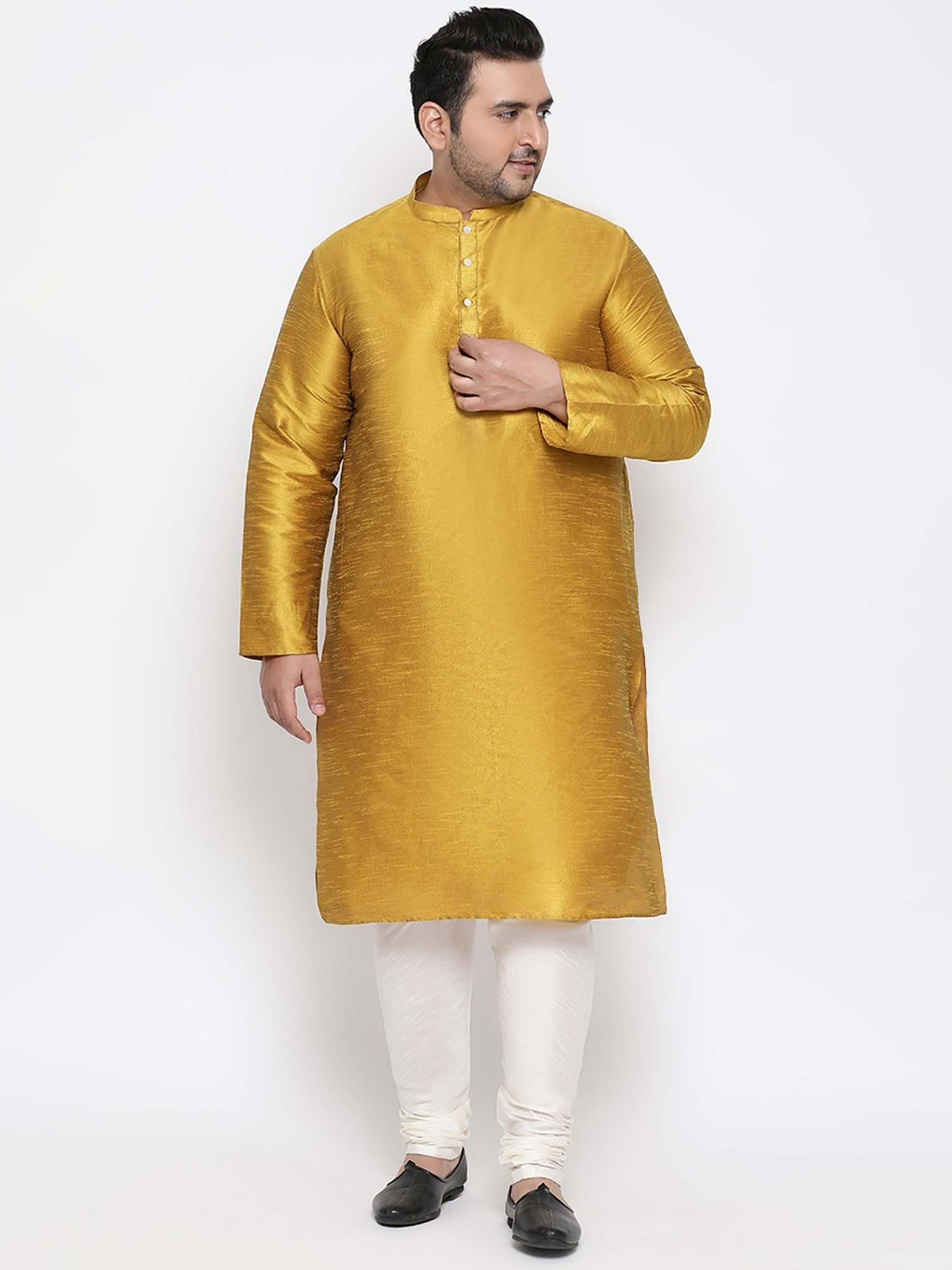 KISAH PLUS Black & Golden Regular Fit Jacquard Kurta Set With Jacket