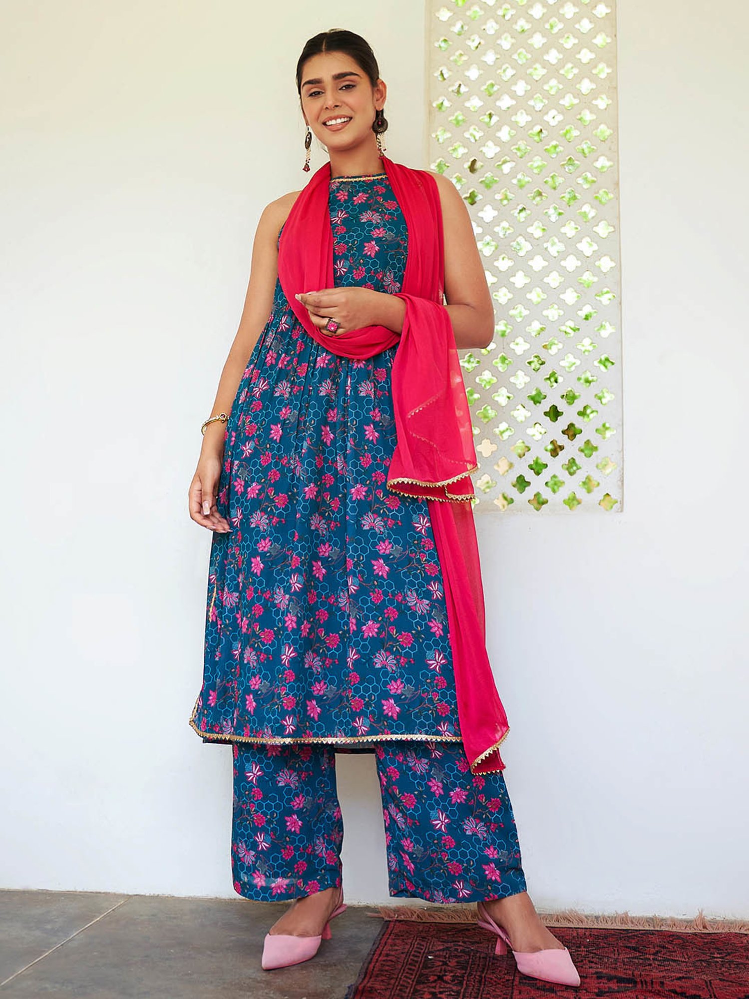 Janasya Teal Floral Print Kurta With Palazzo & Dupatta