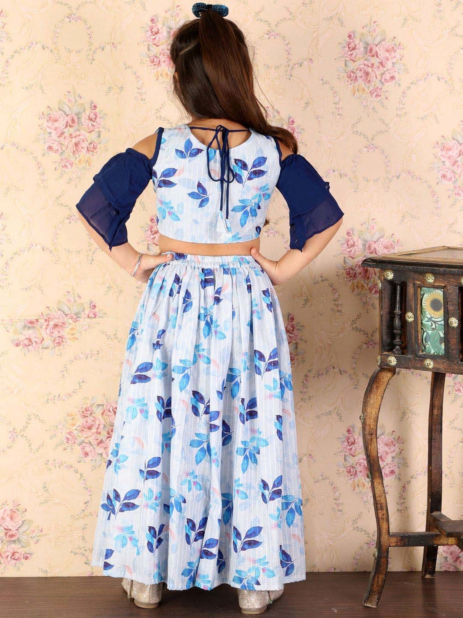 A Little Fable Kids Blue Printed Lehenga with Choli & Dupatta