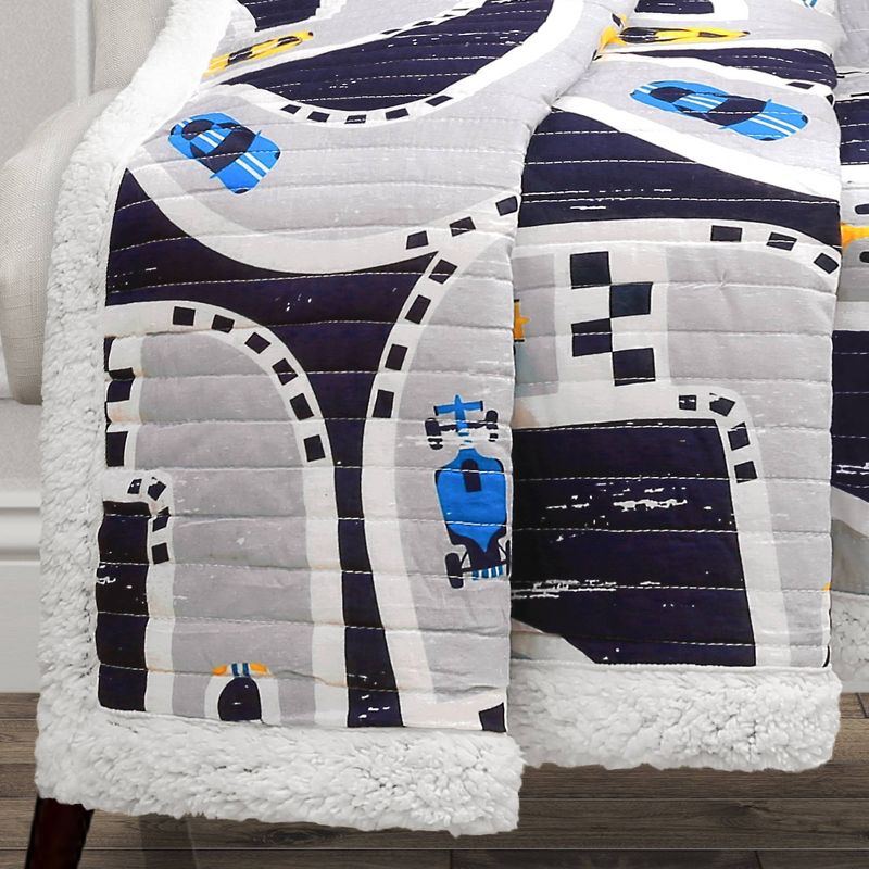 50"x60" Full/Queen Sherpa Car Track Throw Blanket Navy - Lush Décor